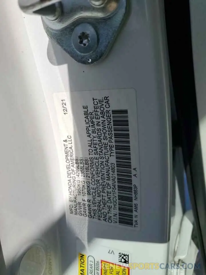 15 fotografías del automóvil dañado 1HGCV1F54NA014803 HONDA ACCORD 2022