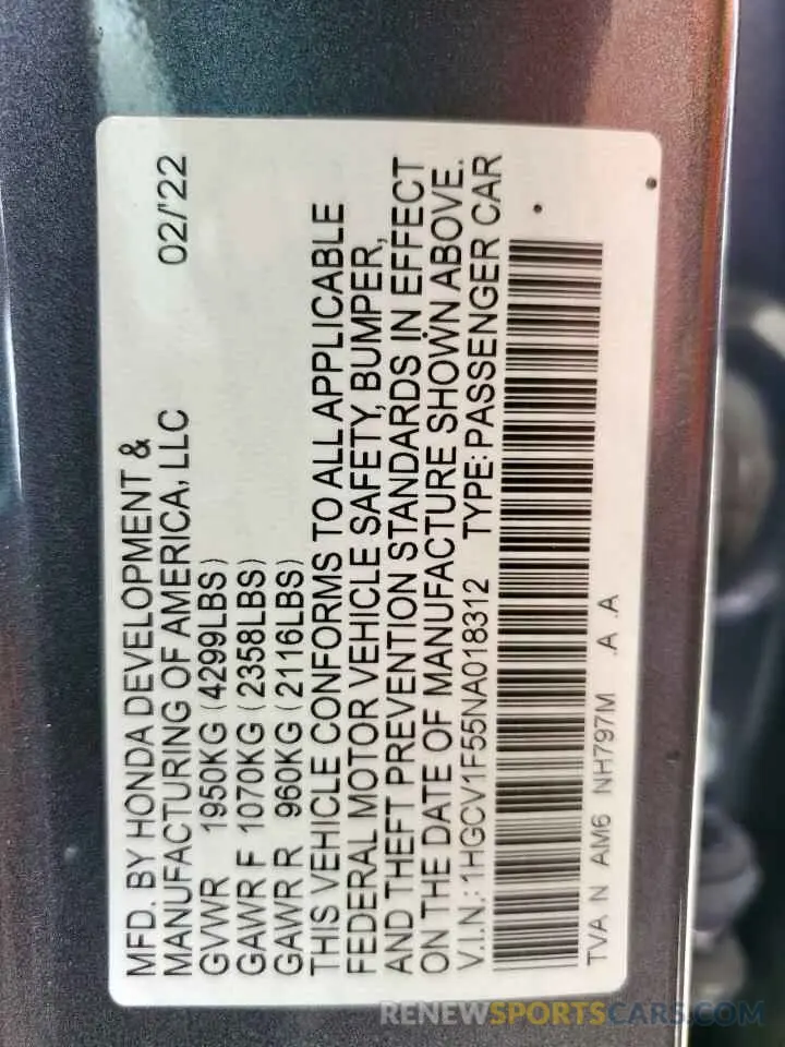 12 fotografías del automóvil dañado 1HGCV1F55NA018312 HONDA ACCORD 2022