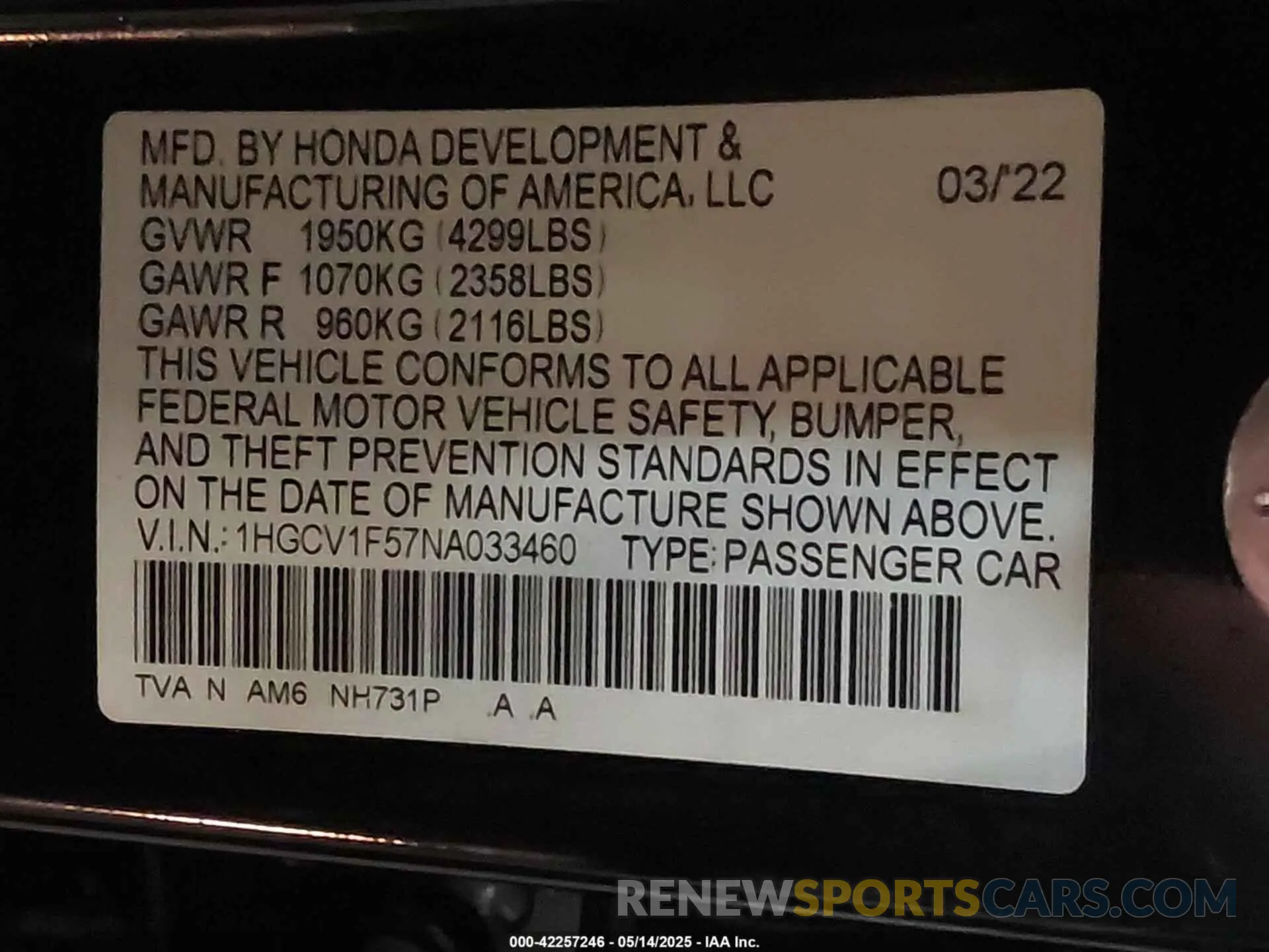 9 fotografías del automóvil dañado 1HGCV1F57NA033460 HONDA ACCORD 2022