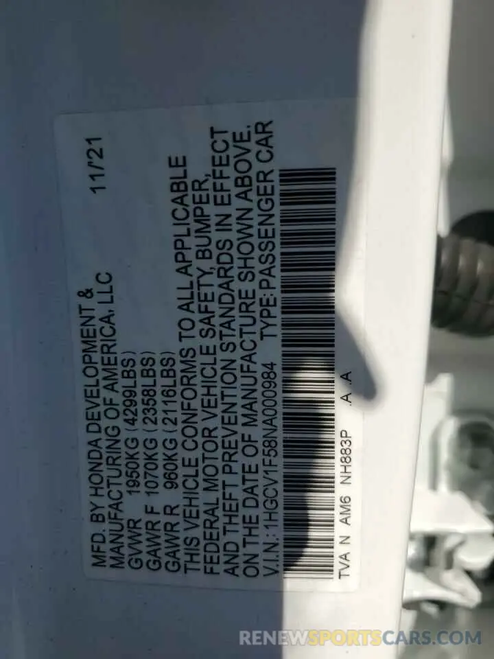 12 fotografías del automóvil dañado 1HGCV1F58NA000984 HONDA ACCORD 2022