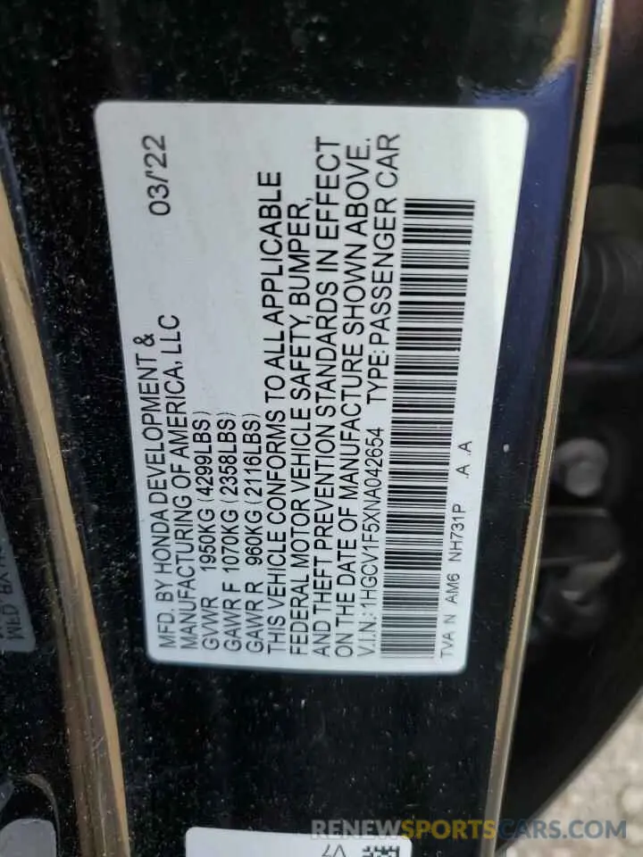 12 fotografías del automóvil dañado 1HGCV1F5XNA042654 HONDA ACCORD 2022