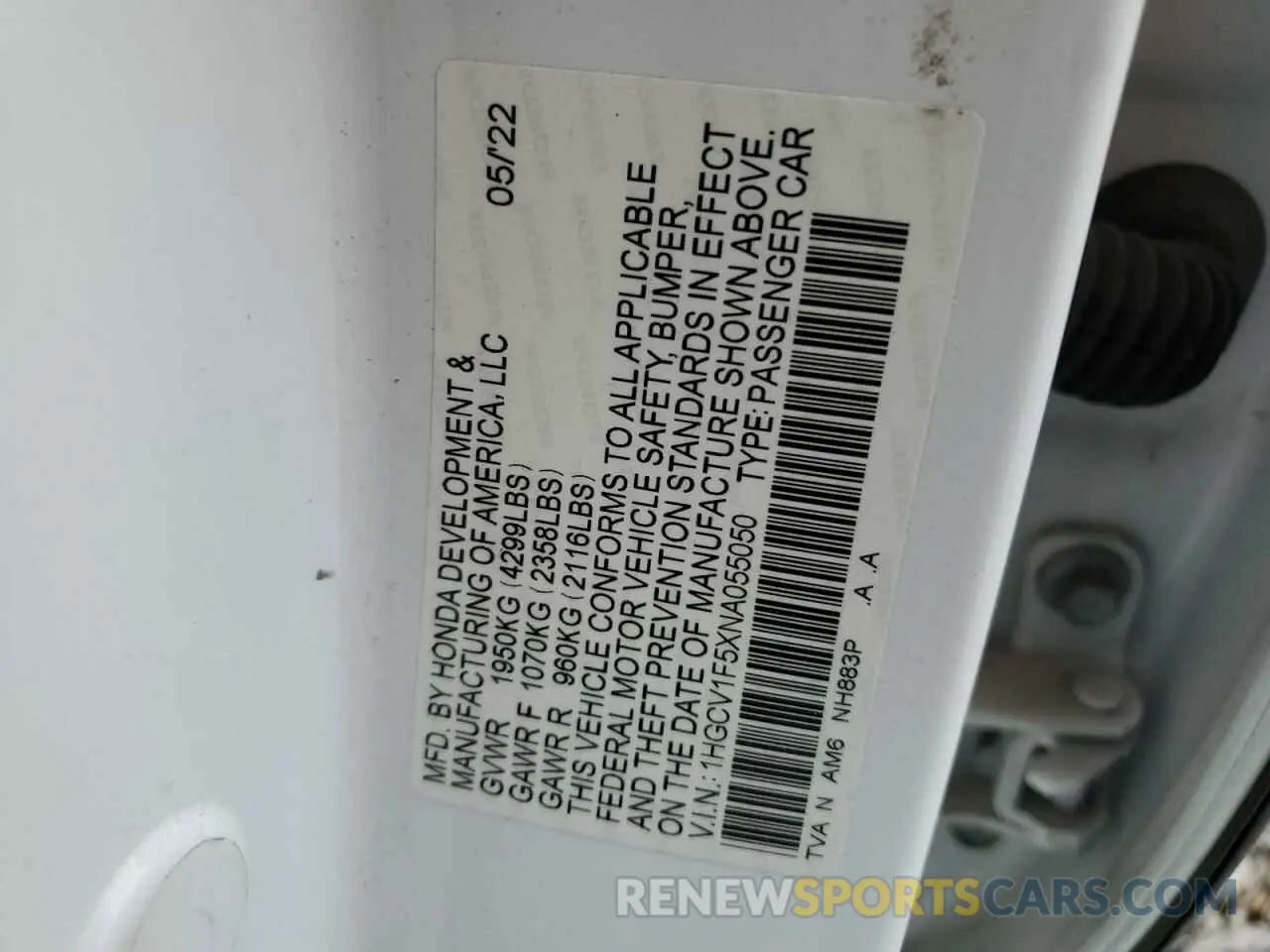12 fotografías del automóvil dañado 1HGCV1F5XNA055050 HONDA ACCORD 2022