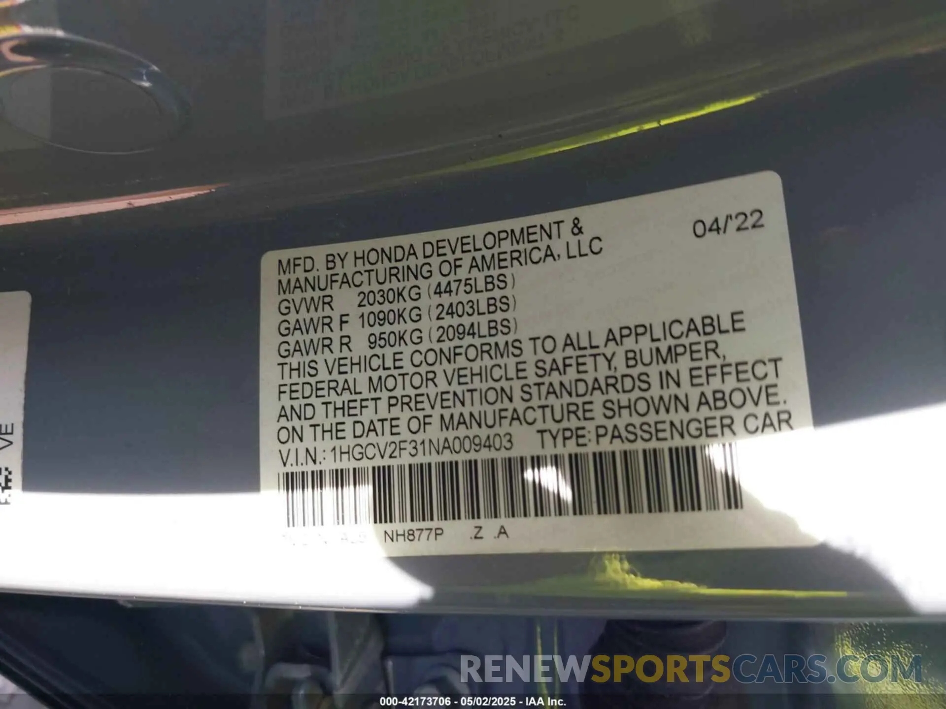 9 fotografías del automóvil dañado 1HGCV2F31NA009403 HONDA ACCORD 2022