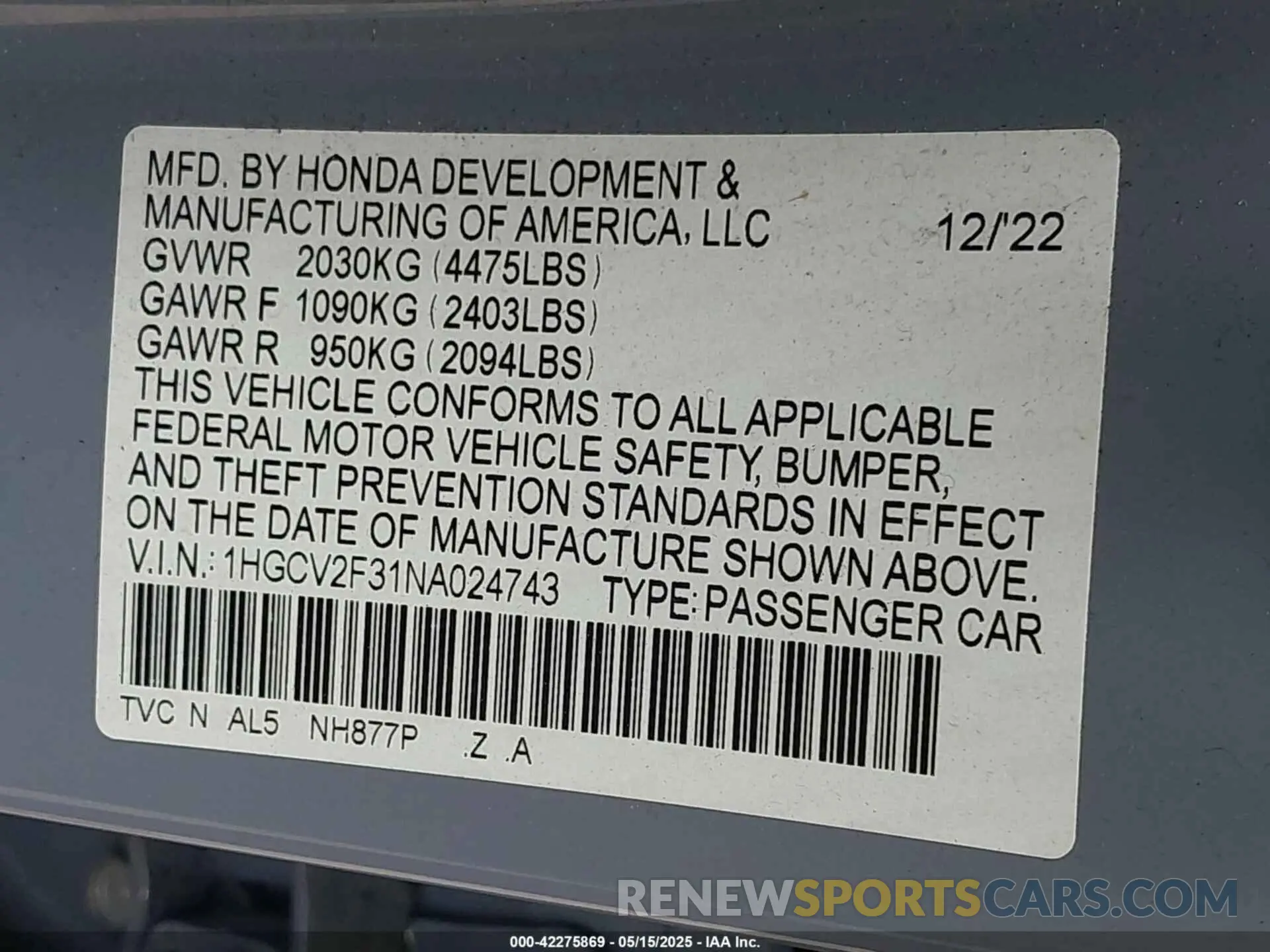 9 fotografías del automóvil dañado 1HGCV2F31NA024743 HONDA ACCORD 2022