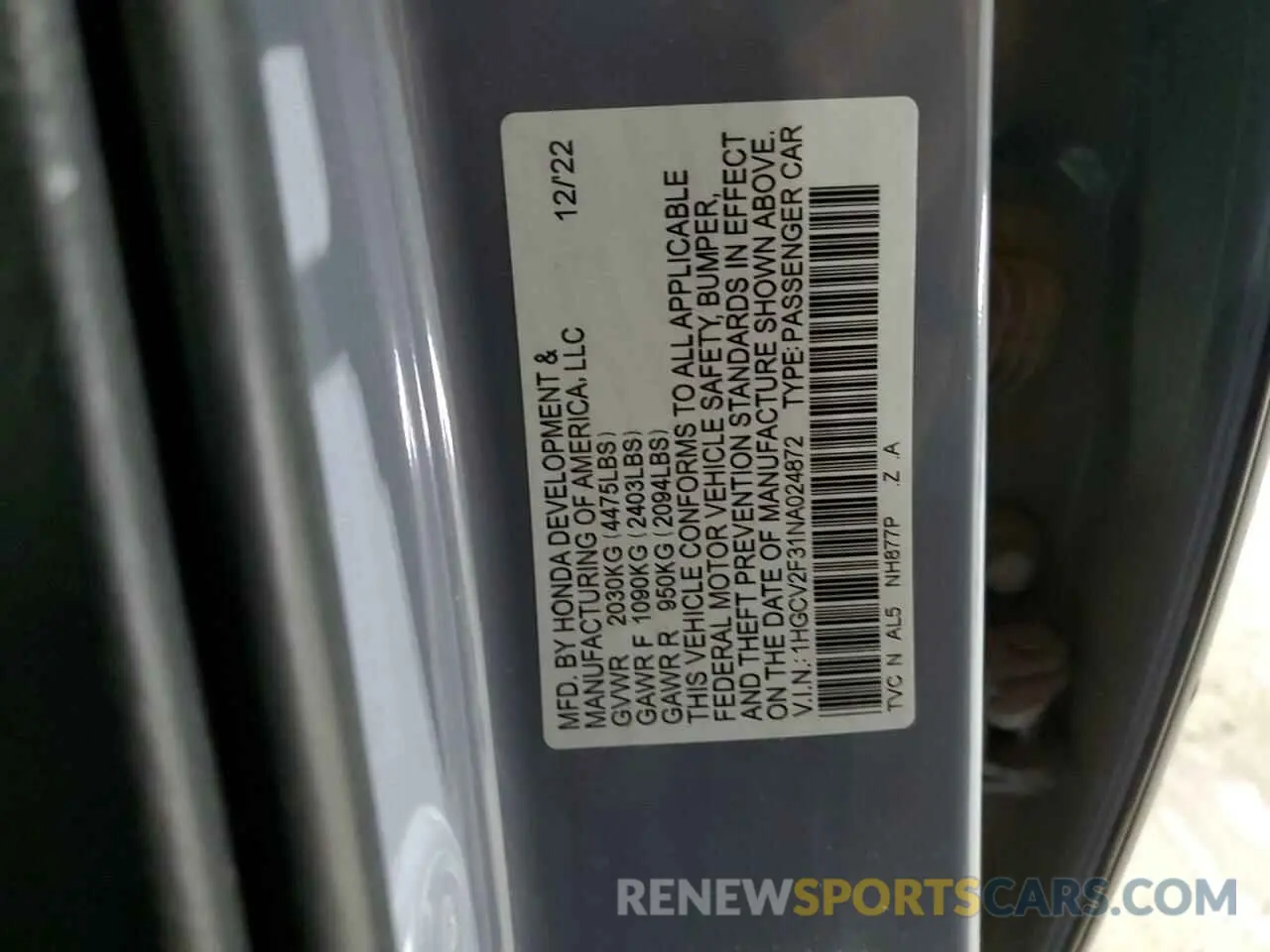 13 fotografías del automóvil dañado 1HGCV2F31NA024872 HONDA ACCORD 2022