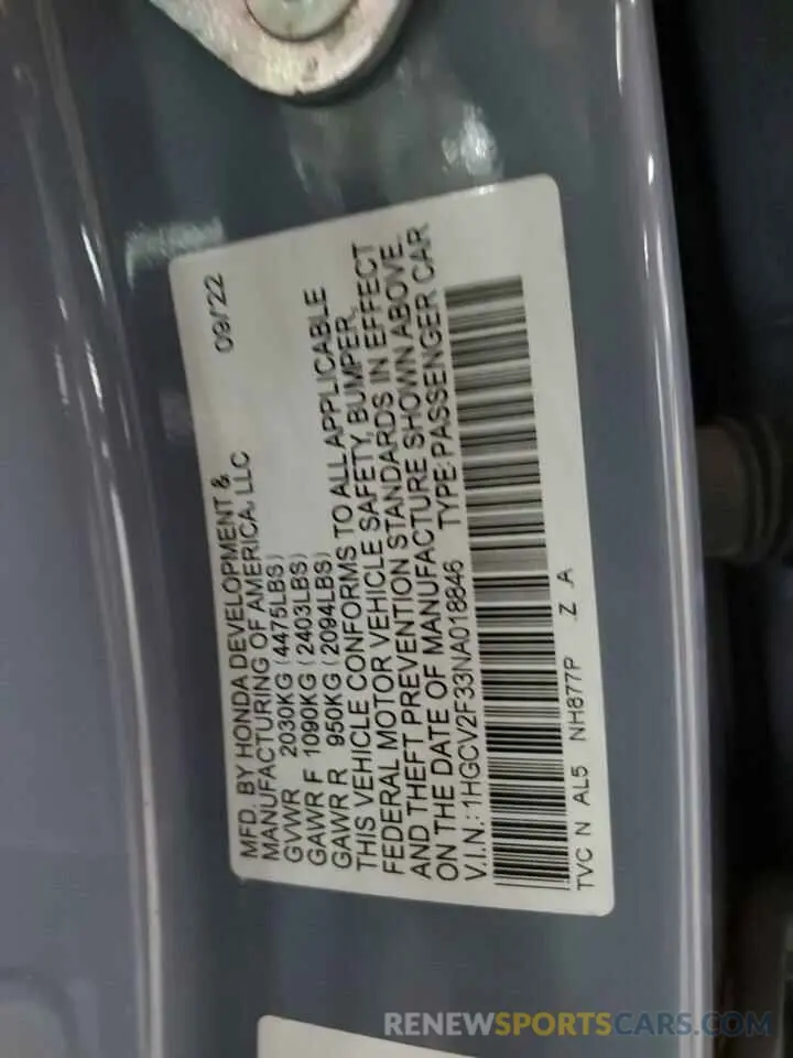 12 fotografías del automóvil dañado 1HGCV2F33NA018846 HONDA ACCORD 2022