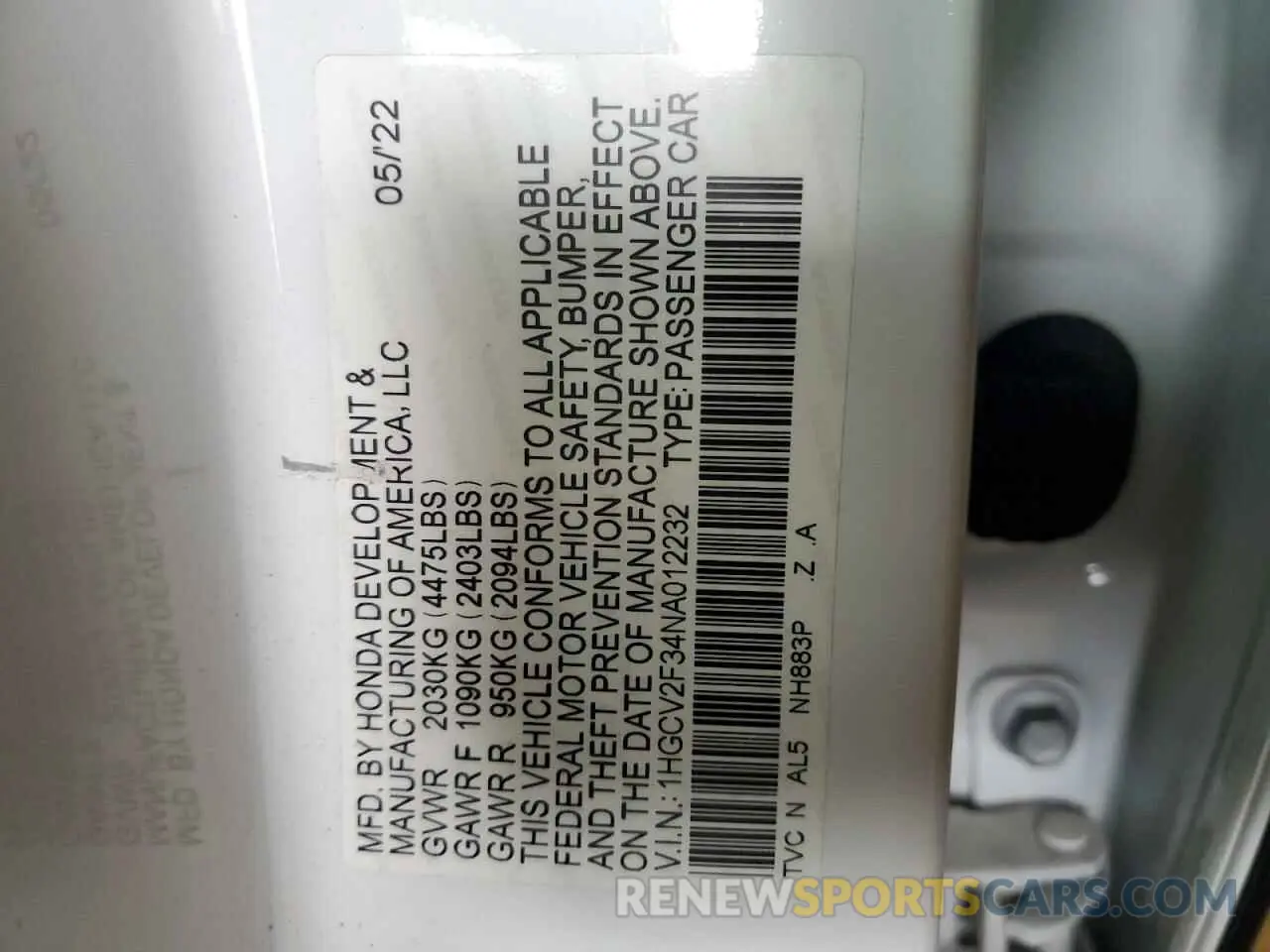 12 fotografías del automóvil dañado 1HGCV2F34NA012232 HONDA ACCORD 2022