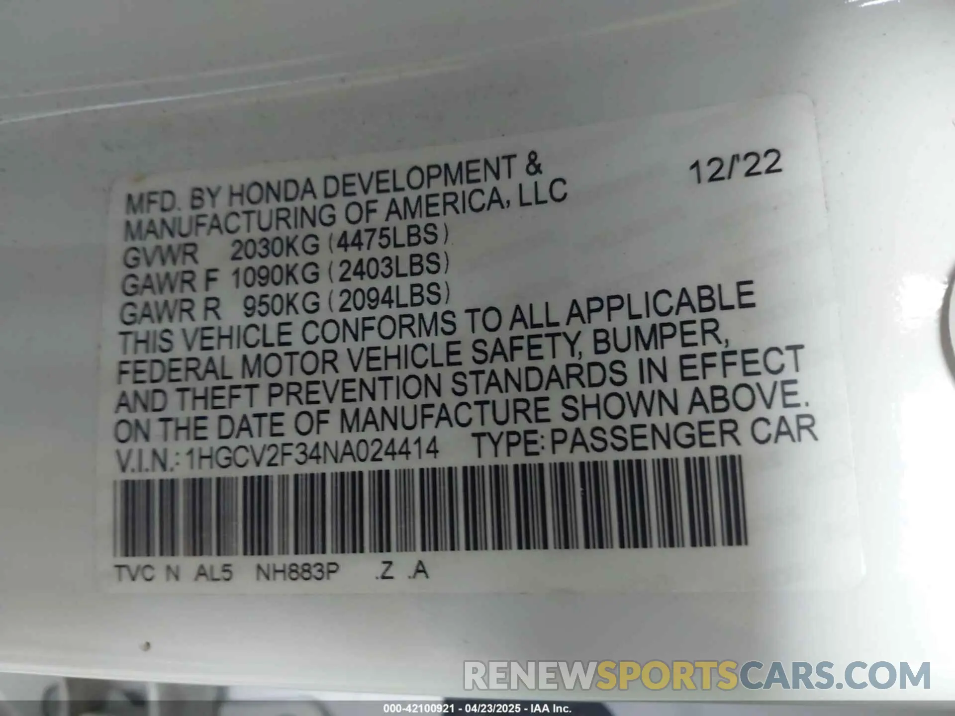9 fotografías del automóvil dañado 1HGCV2F34NA024414 HONDA ACCORD 2022