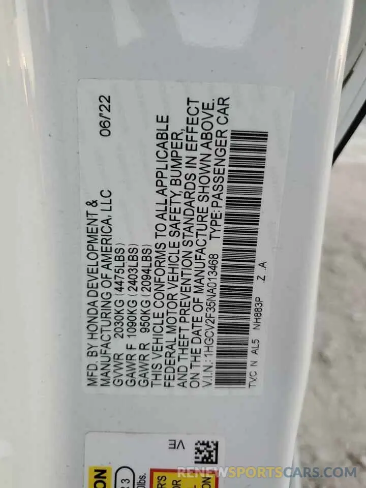 14 fotografías del automóvil dañado 1HGCV2F35NA013468 HONDA ACCORD 2022
