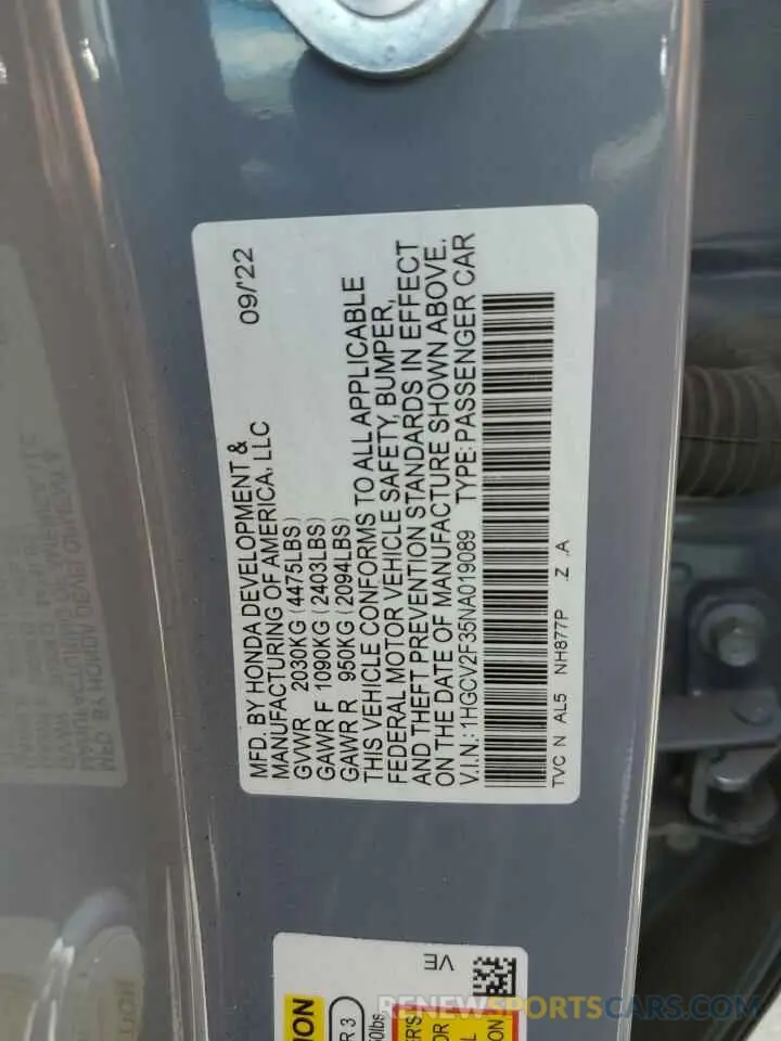 12 fotografías del automóvil dañado 1HGCV2F35NA019089 HONDA ACCORD 2022