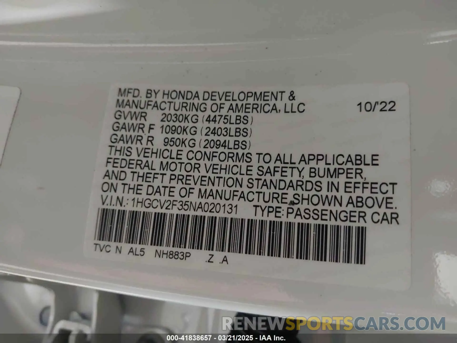 9 fotografías del automóvil dañado 1HGCV2F35NA020131 HONDA ACCORD 2022
