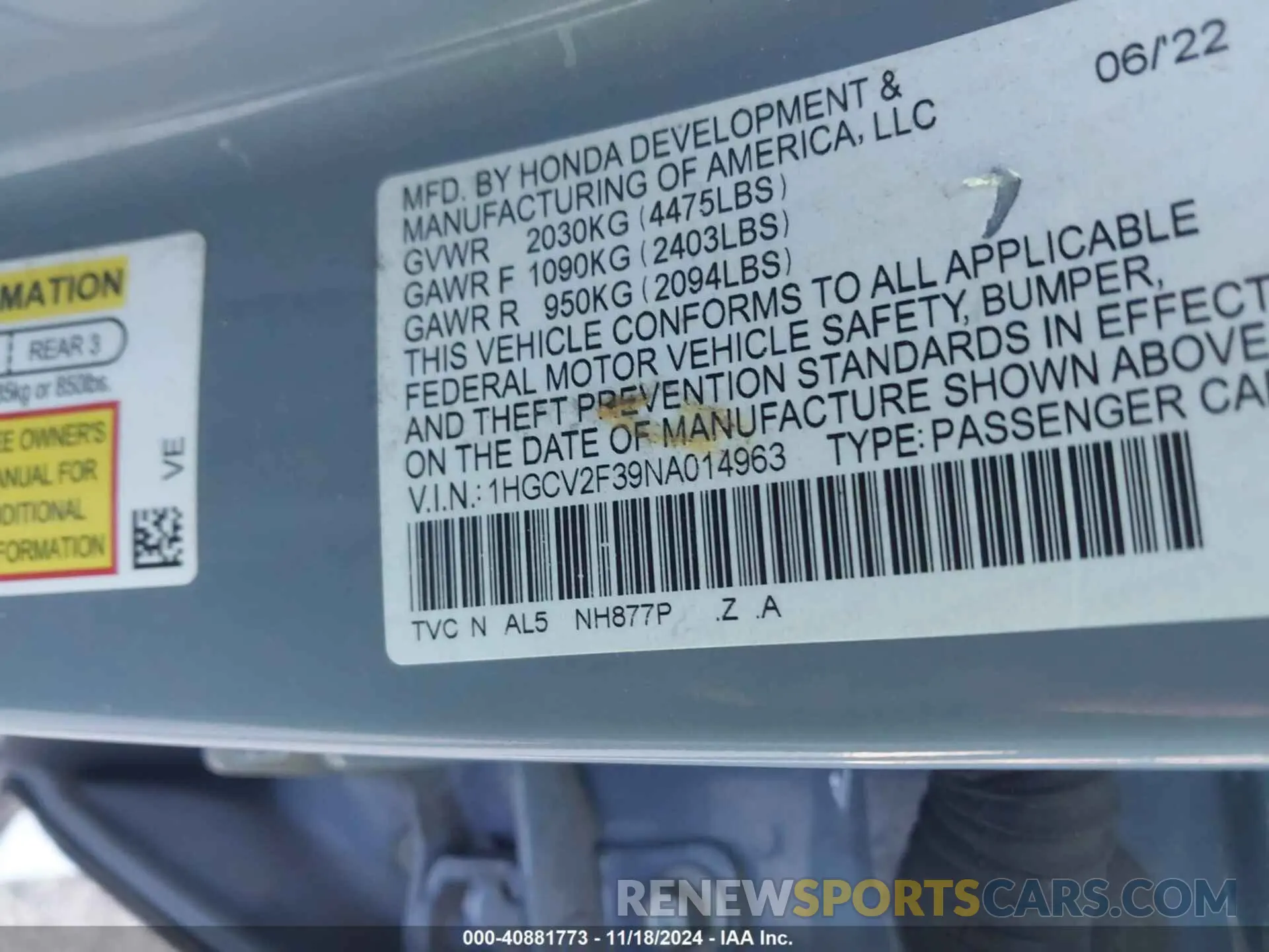 9 fotografías del automóvil dañado 1HGCV2F39NA014963 HONDA ACCORD 2022