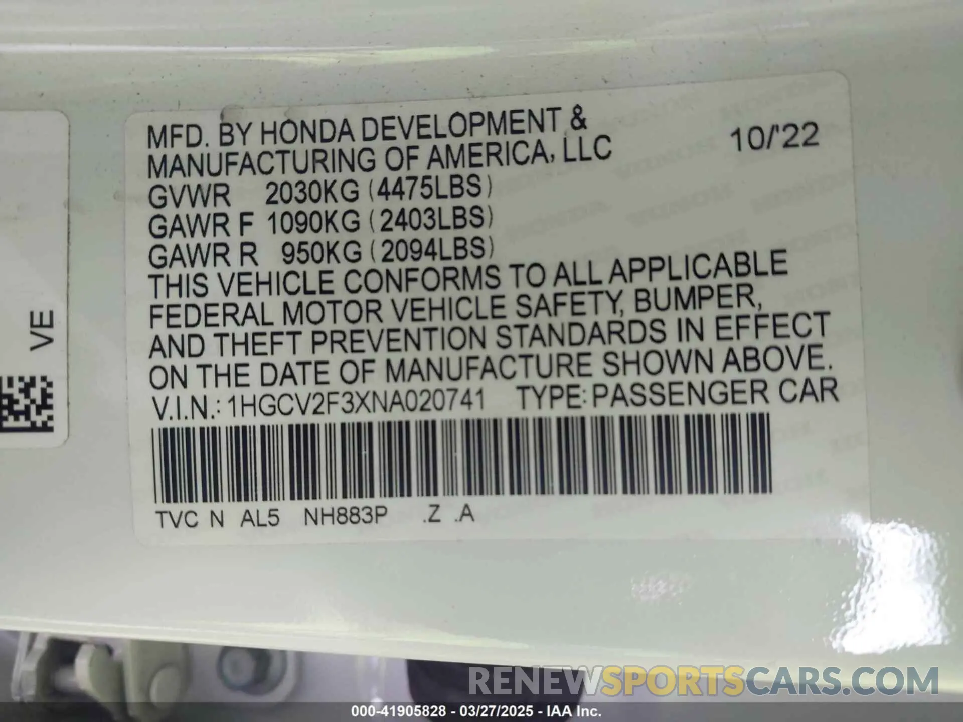 9 fotografías del automóvil dañado 1HGCV2F3XNA020741 HONDA ACCORD 2022