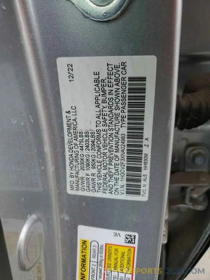 12 fotografías del automóvil dañado 1HGCV2F3XNA024983 HONDA ACCORD 2022