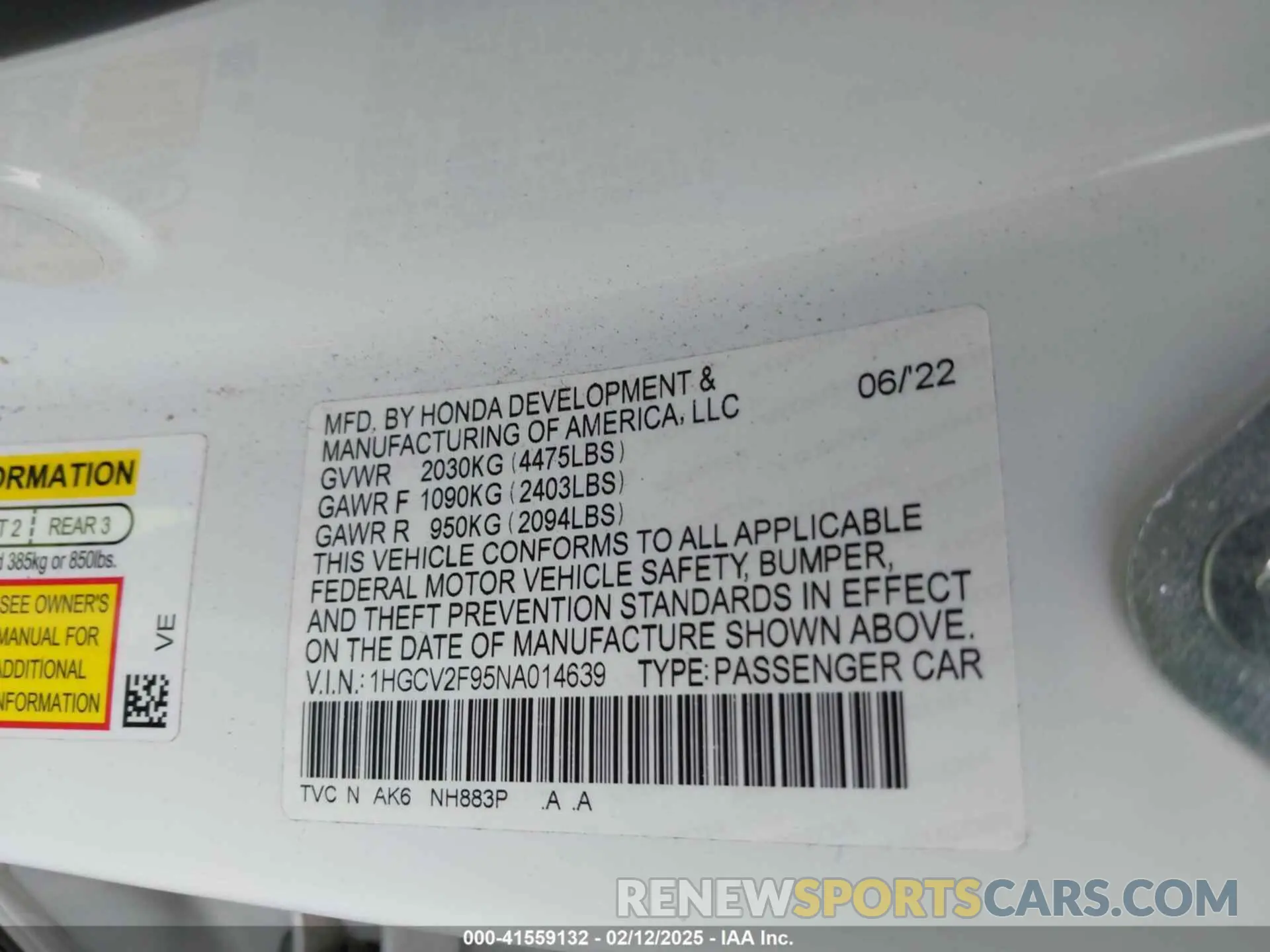 9 fotografías del automóvil dañado 1HGCV2F95NA014639 HONDA ACCORD 2022