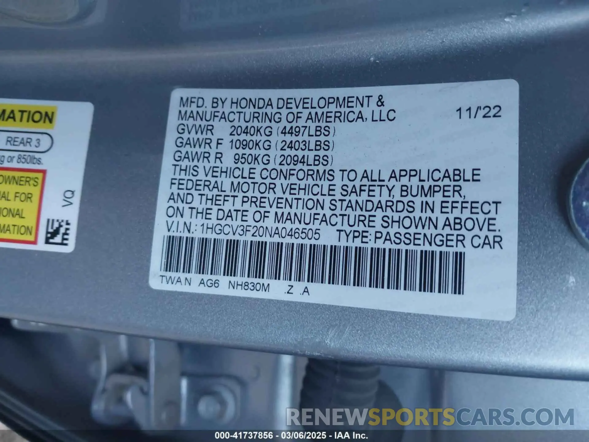 9 fotografías del automóvil dañado 1HGCV3F20NA046505 HONDA ACCORD 2022
