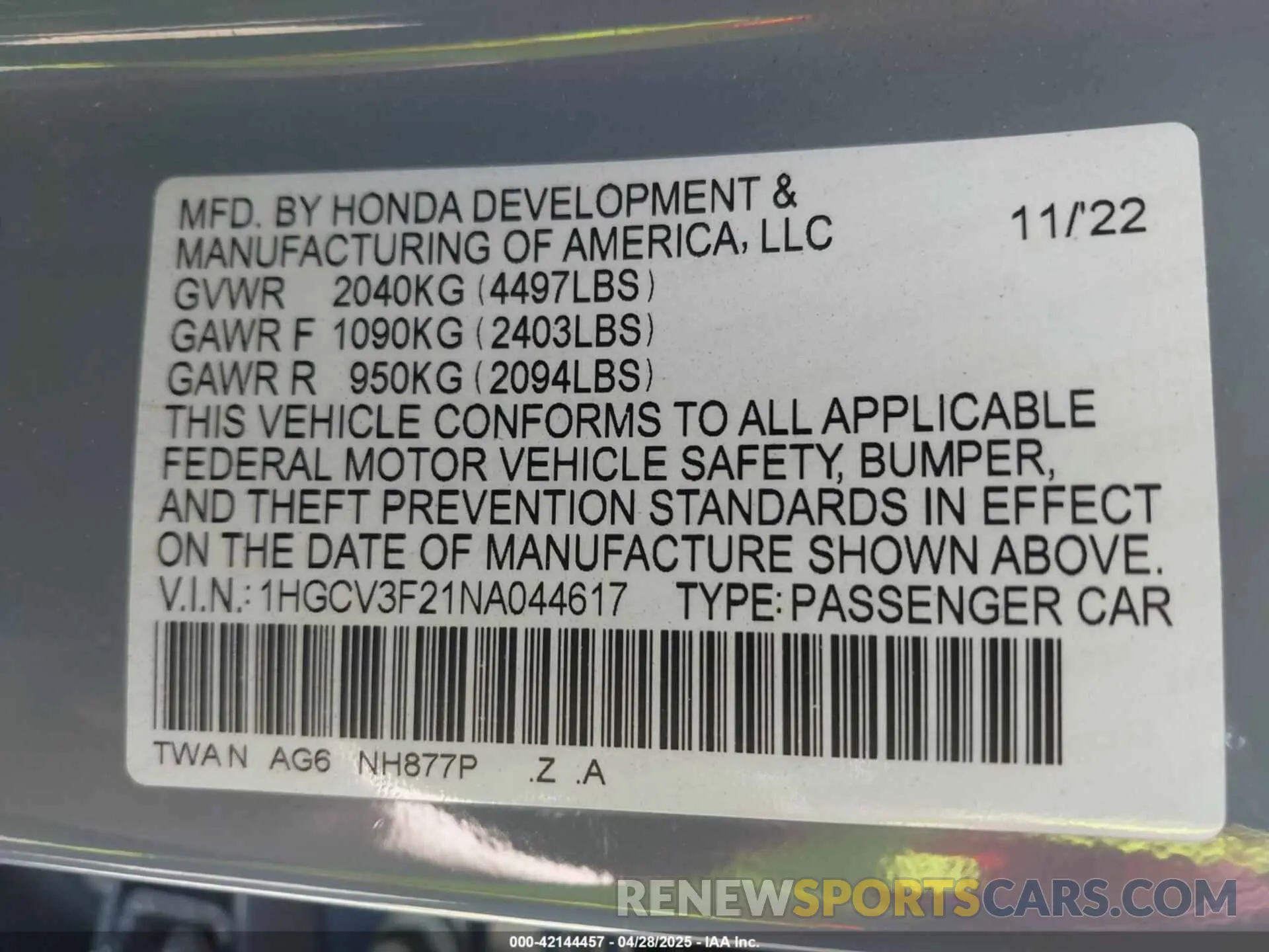 9 fotografías del automóvil dañado 1HGCV3F21NA044617 HONDA ACCORD 2022