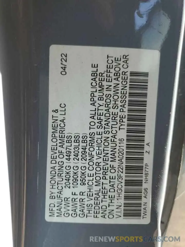 12 fotografías del automóvil dañado 1HGCV3F22NA020116 HONDA ACCORD 2022
