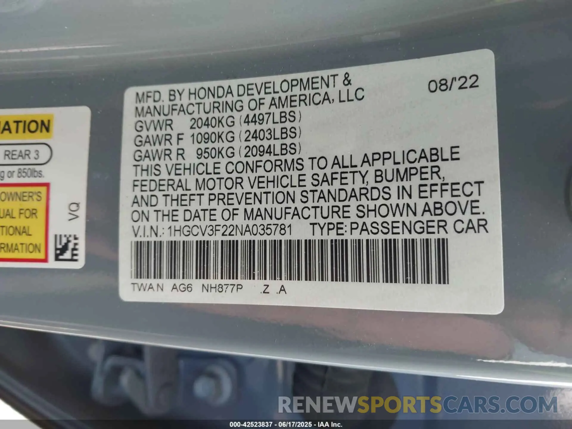 9 fotografías del automóvil dañado 1HGCV3F22NA035781 HONDA ACCORD 2022