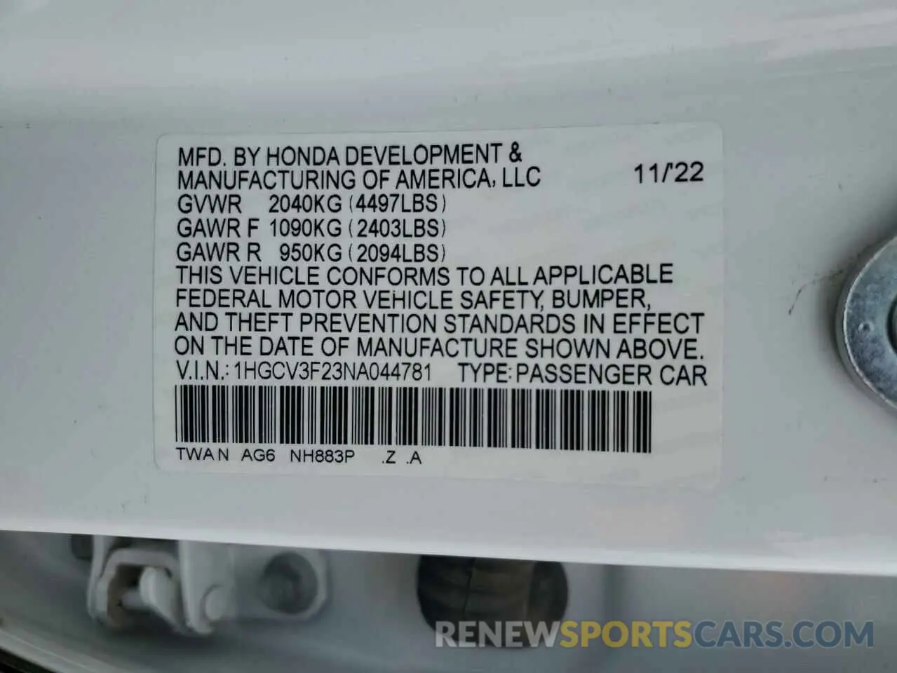 12 fotografías del automóvil dañado 1HGCV3F23NA044781 HONDA ACCORD 2022