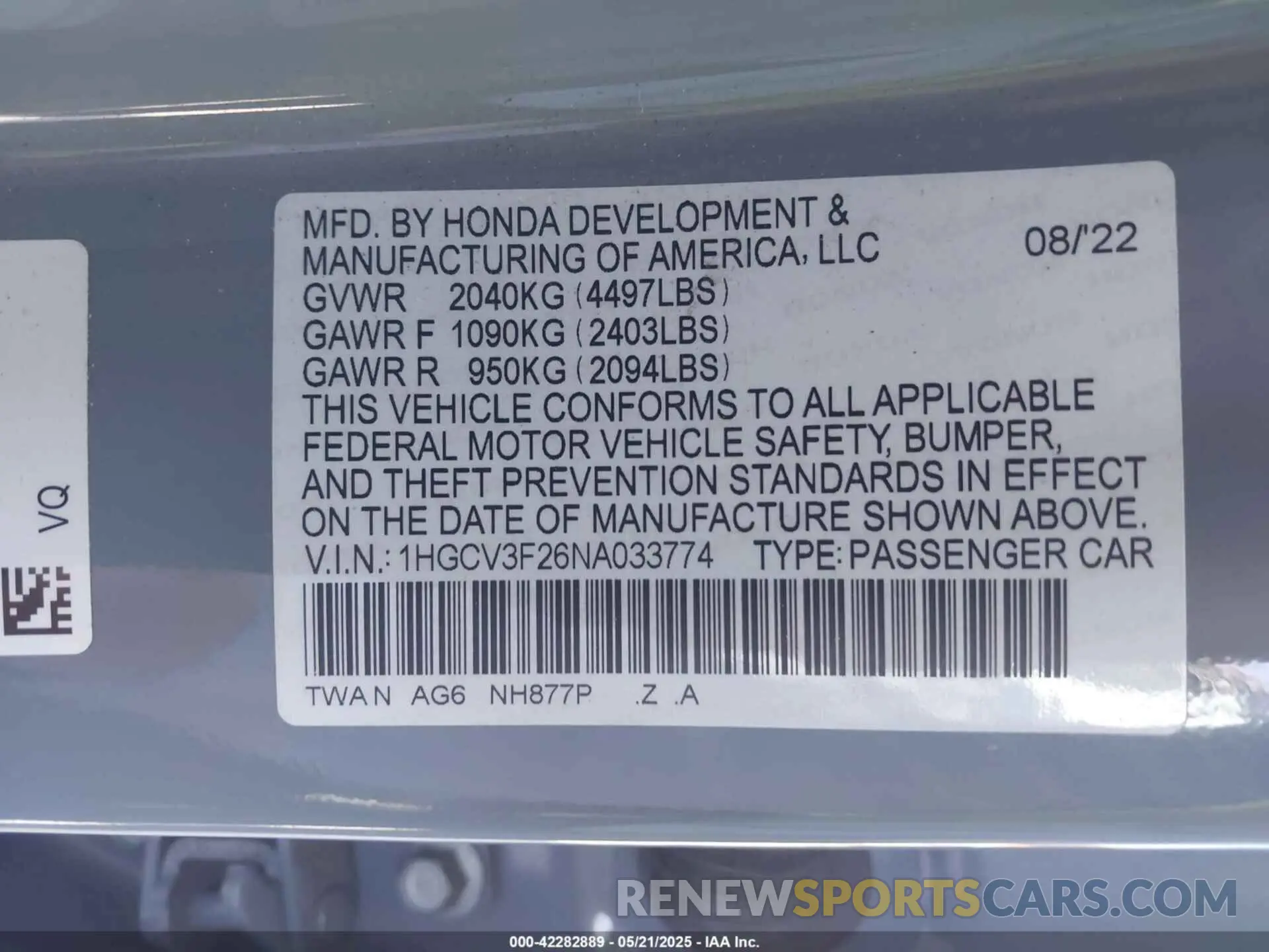 9 fotografías del automóvil dañado 1HGCV3F26NA033774 HONDA ACCORD 2022
