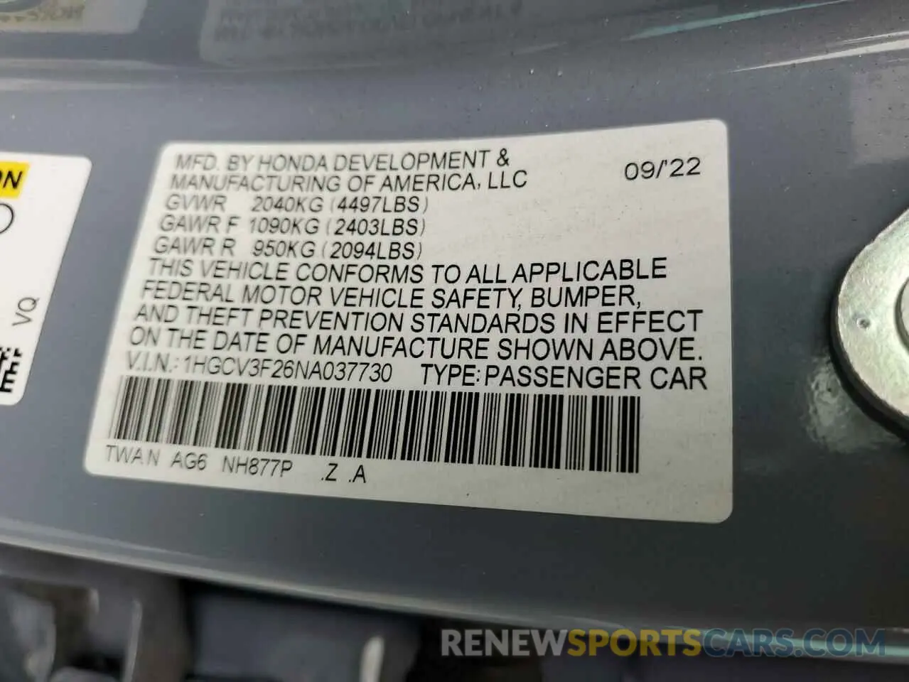 12 fotografías del automóvil dañado 1HGCV3F26NA037730 HONDA ACCORD 2022