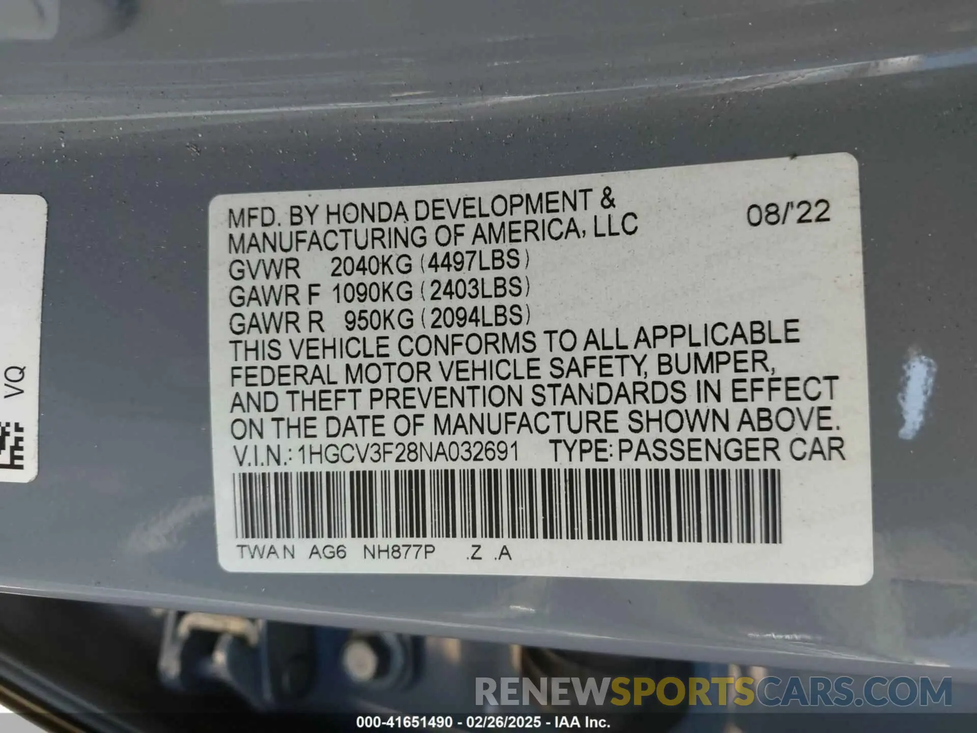 9 fotografías del automóvil dañado 1HGCV3F28NA032691 HONDA ACCORD 2022