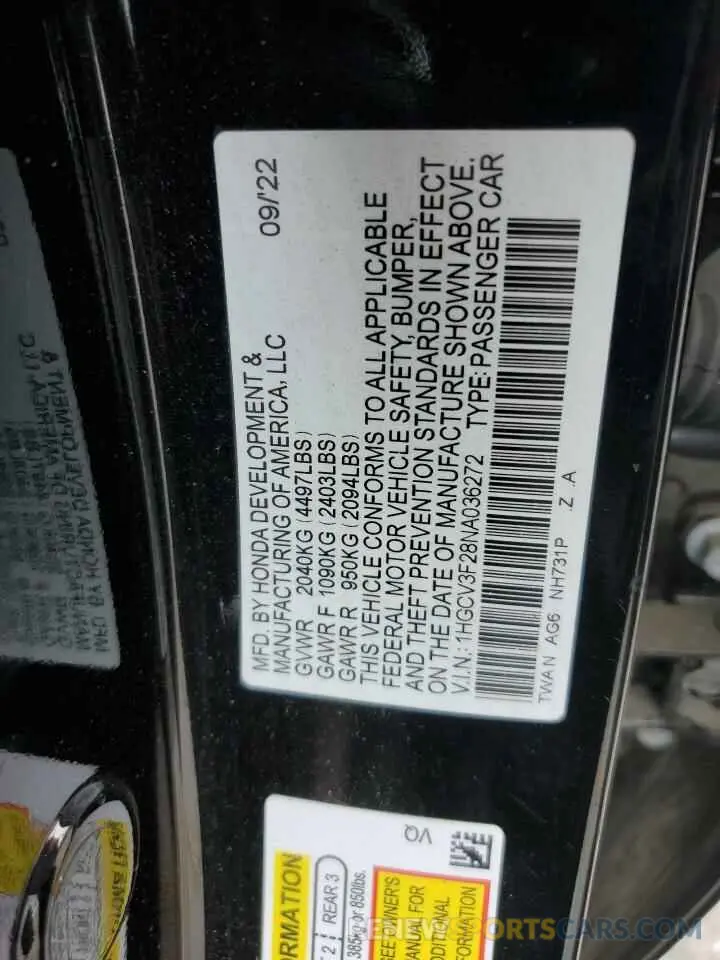 12 fotografías del automóvil dañado 1HGCV3F28NA036272 HONDA ACCORD 2022