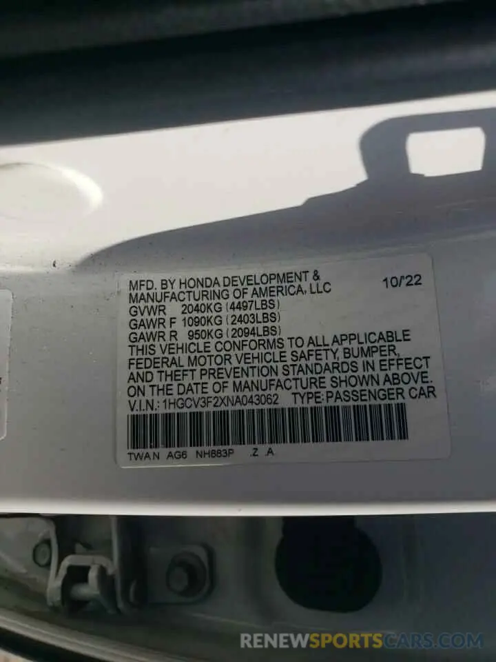 12 fotografías del automóvil dañado 1HGCV3F2XNA043062 HONDA ACCORD 2022
