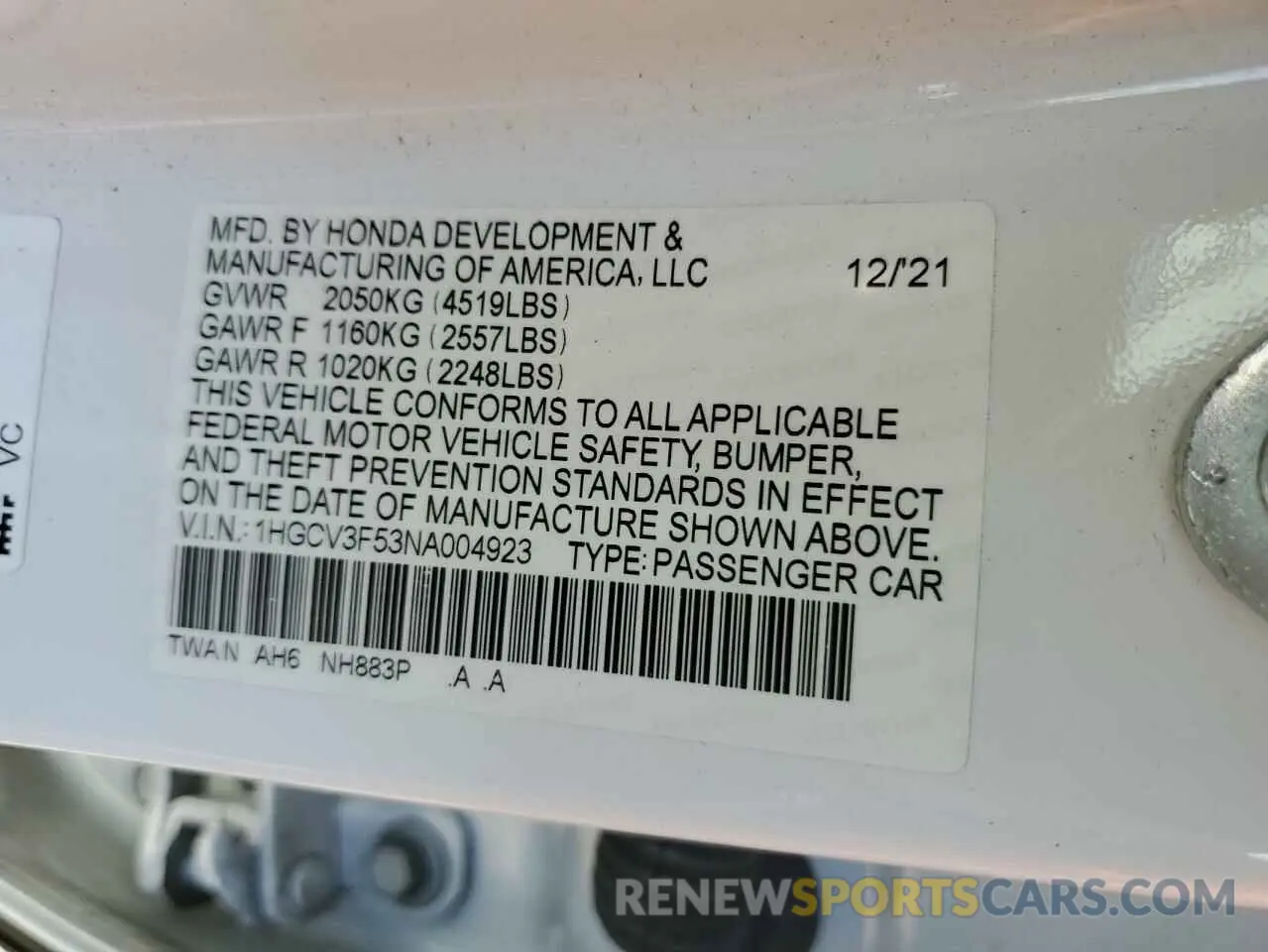 12 fotografías del automóvil dañado 1HGCV3F53NA004923 HONDA ACCORD 2022