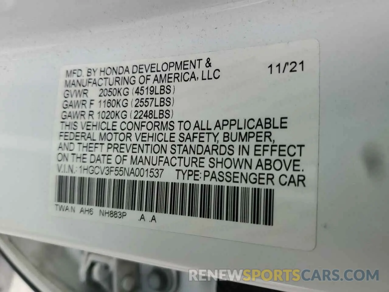 12 fotografías del automóvil dañado 1HGCV3F55NA001537 HONDA ACCORD 2022