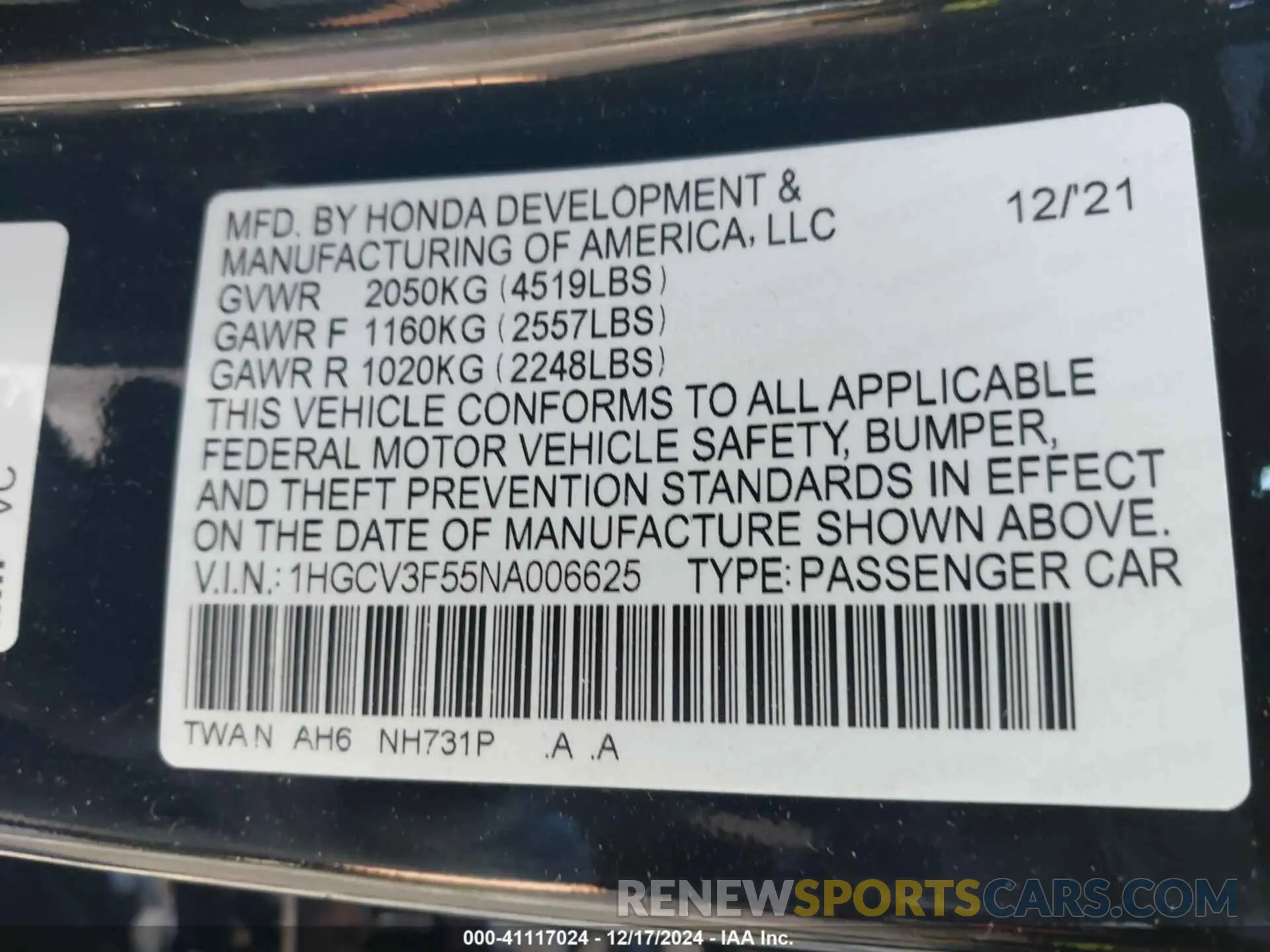 9 fotografías del automóvil dañado 1HGCV3F55NA006625 HONDA ACCORD 2022