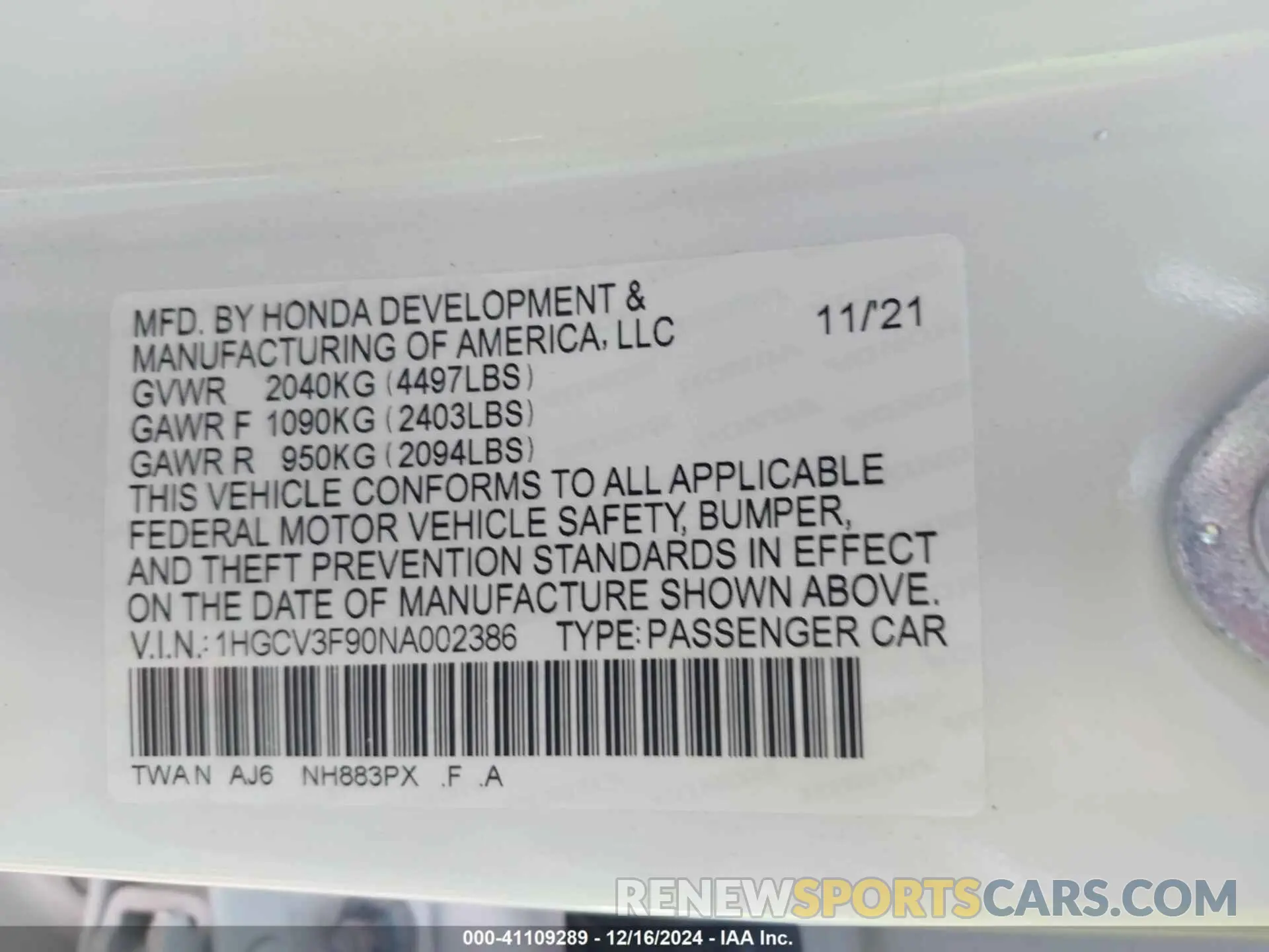 9 fotografías del automóvil dañado 1HGCV3F90NA002386 HONDA ACCORD 2022