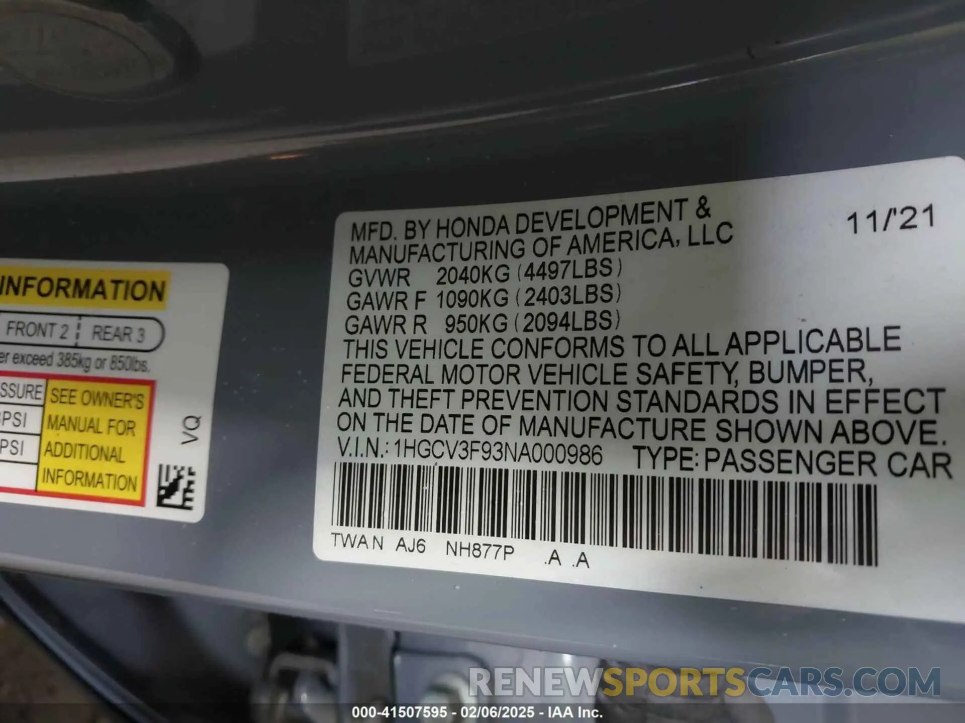 9 fotografías del automóvil dañado 1HGCV3F93NA000986 HONDA ACCORD 2022