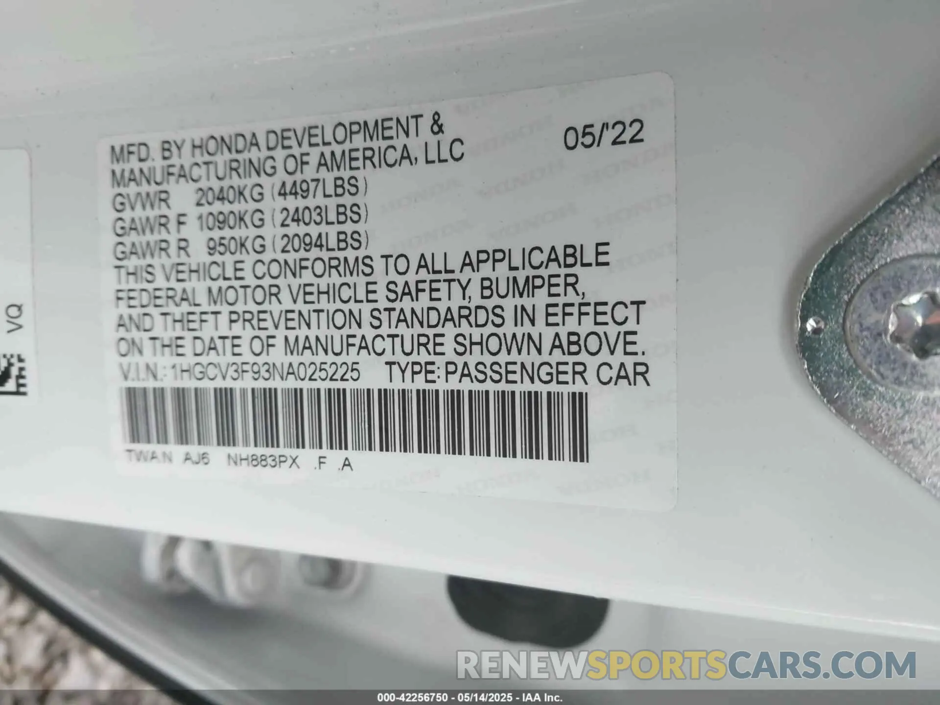9 fotografías del automóvil dañado 1HGCV3F93NA025225 HONDA ACCORD 2022