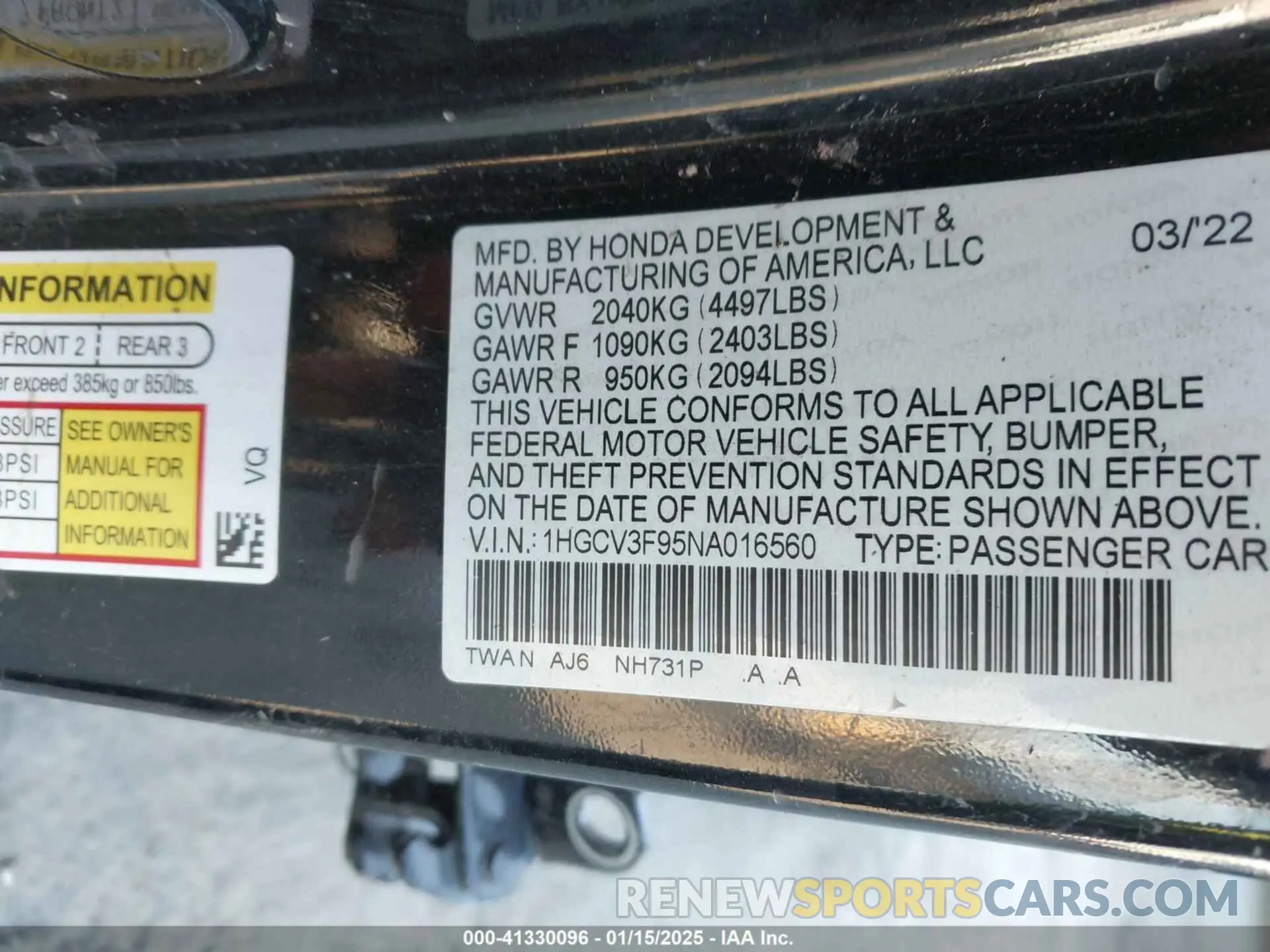 9 fotografías del automóvil dañado 1HGCV3F95NA016560 HONDA ACCORD 2022