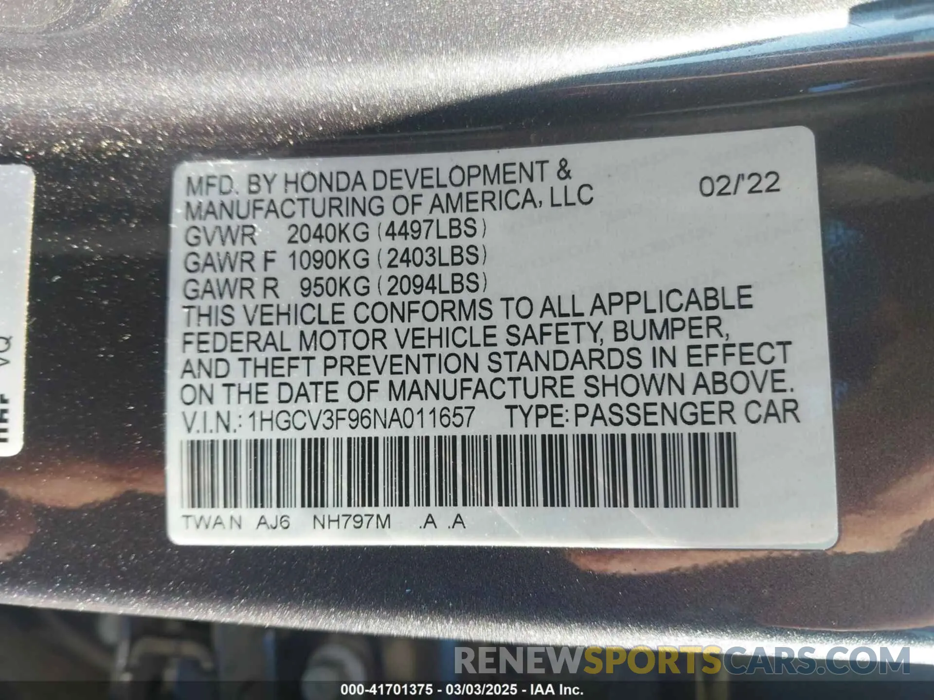 9 fotografías del automóvil dañado 1HGCV3F96NA011657 HONDA ACCORD 2022