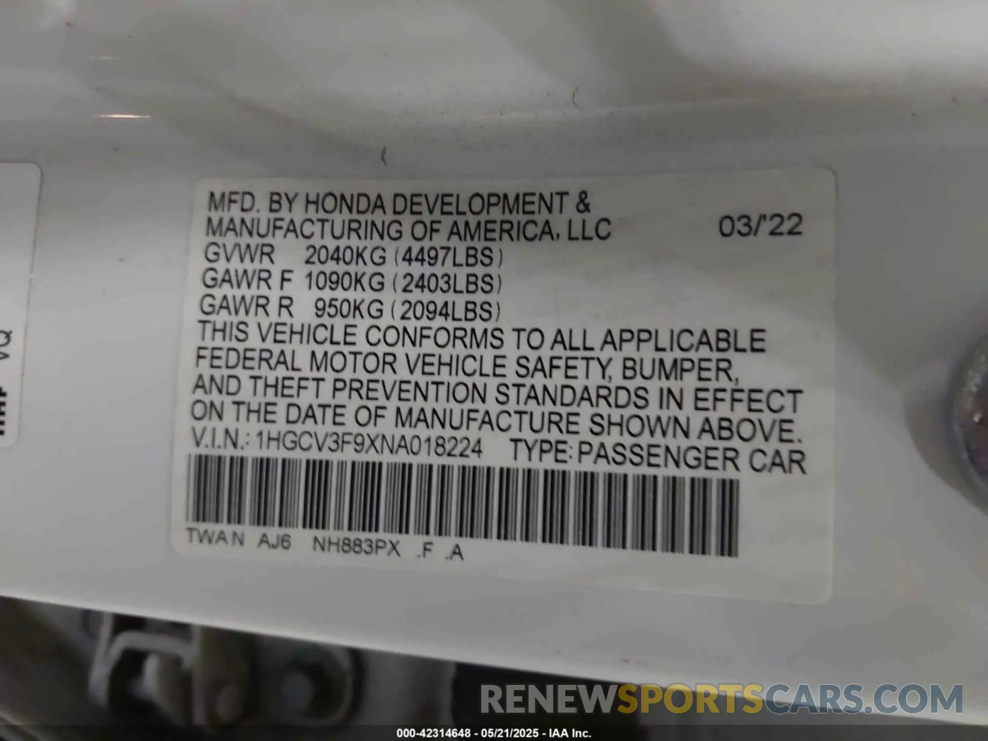 9 fotografías del automóvil dañado 1HGCV3F9XNA018224 HONDA ACCORD 2022