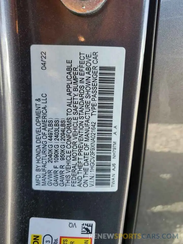 15 fotografías del automóvil dañado 1HGCV3F9XNA021642 HONDA ACCORD 2022