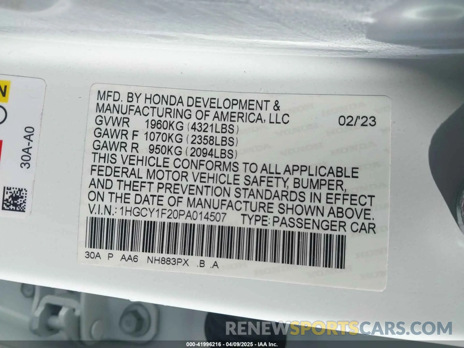 9 fotografías del automóvil dañado 1HGCY1F20PA014507 HONDA ACCORD 2023