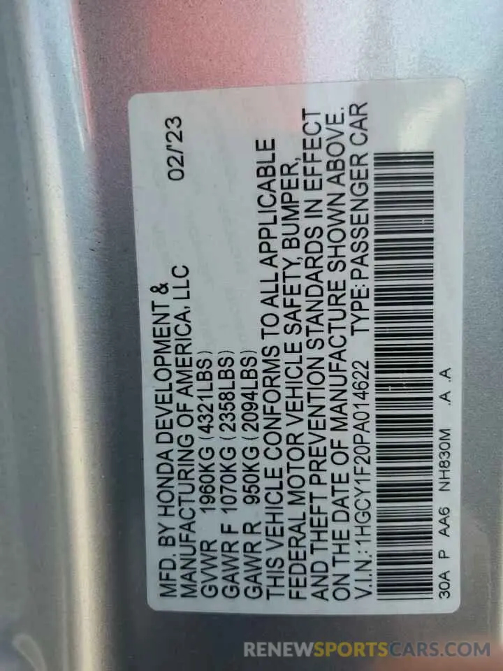 12 fotografías del automóvil dañado 1HGCY1F20PA014622 HONDA ACCORD 2023