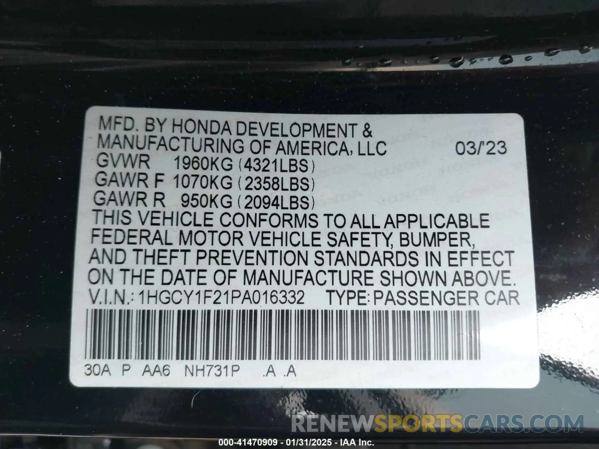 9 fotografías del automóvil dañado 1HGCY1F21PA016332 HONDA ACCORD 2023