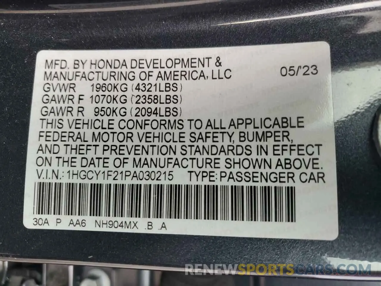 14 fotografías del automóvil dañado 1HGCY1F21PA030215 HONDA ACCORD 2023