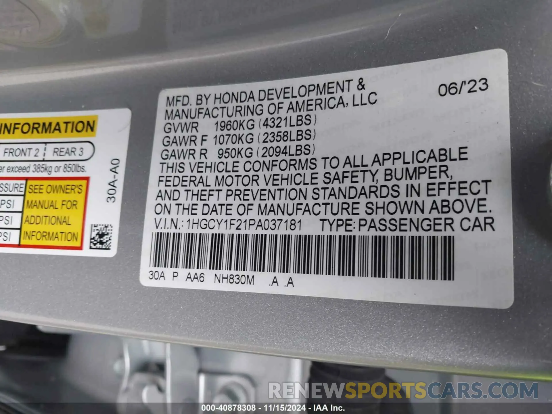 9 fotografías del automóvil dañado 1HGCY1F21PA037181 HONDA ACCORD 2023