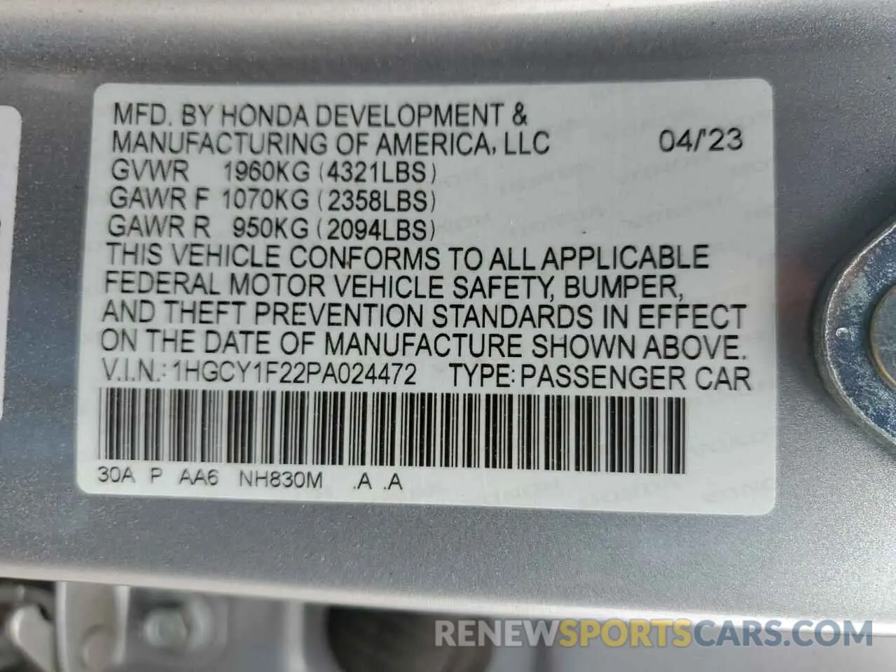 12 fotografías del automóvil dañado 1HGCY1F22PA024472 HONDA ACCORD 2023