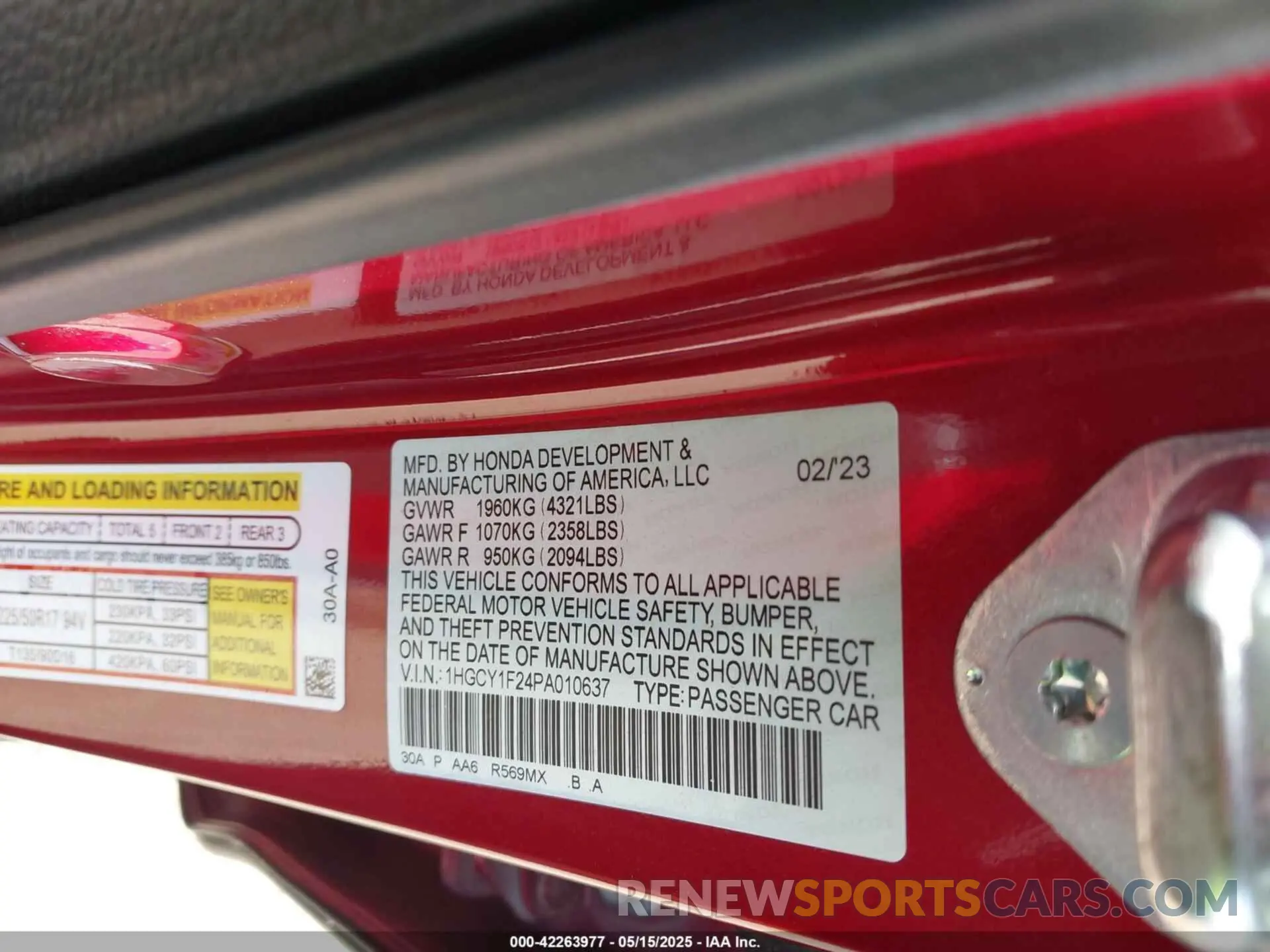9 fotografías del automóvil dañado 1HGCY1F24PA010637 HONDA ACCORD 2023