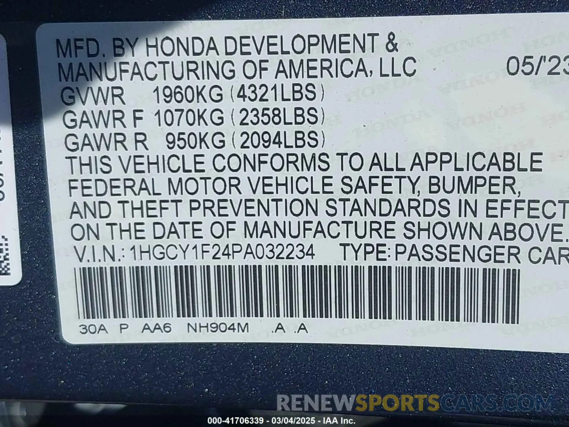 9 fotografías del automóvil dañado 1HGCY1F24PA032234 HONDA ACCORD 2023