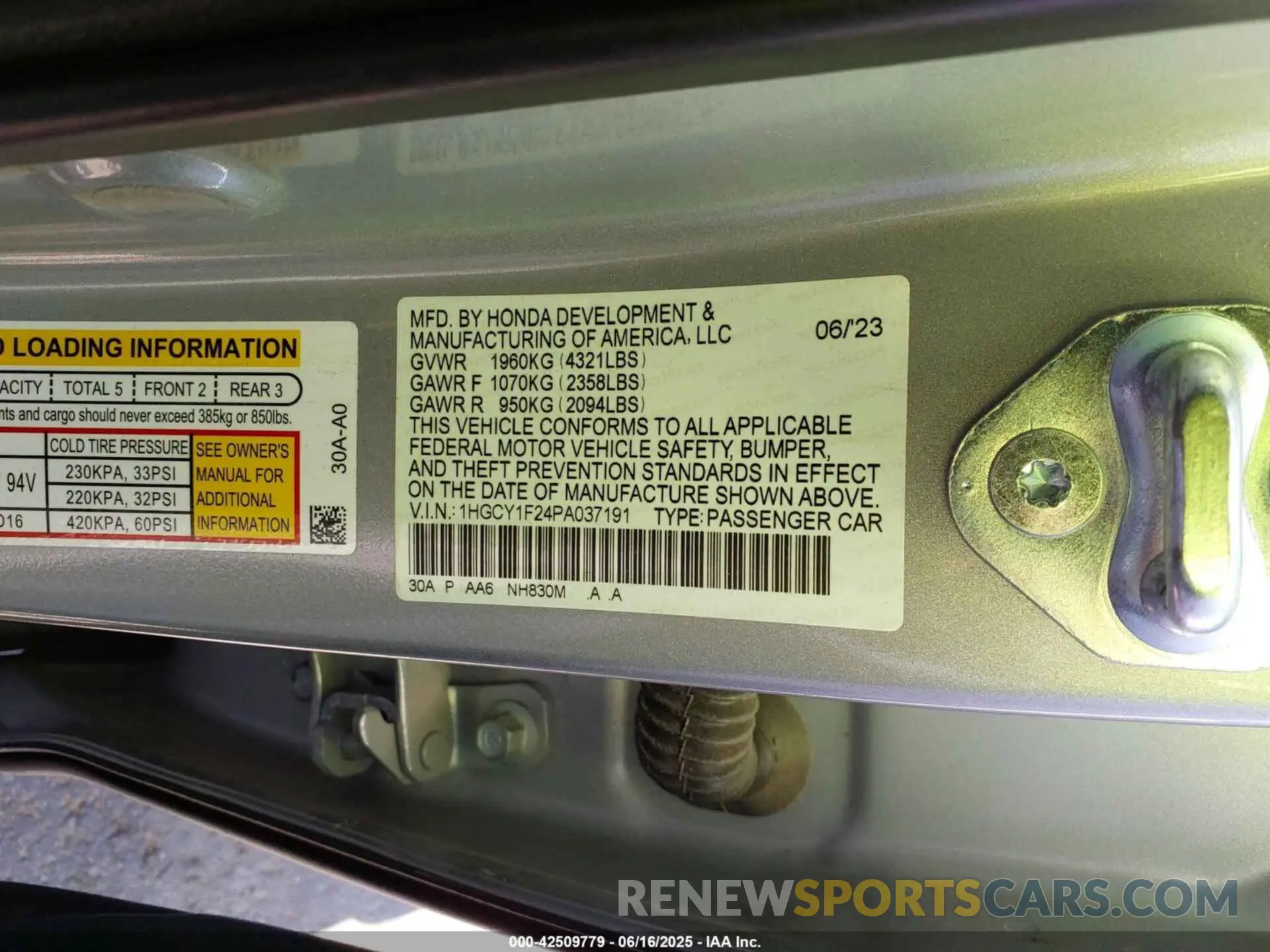 9 fotografías del automóvil dañado 1HGCY1F24PA037191 HONDA ACCORD 2023