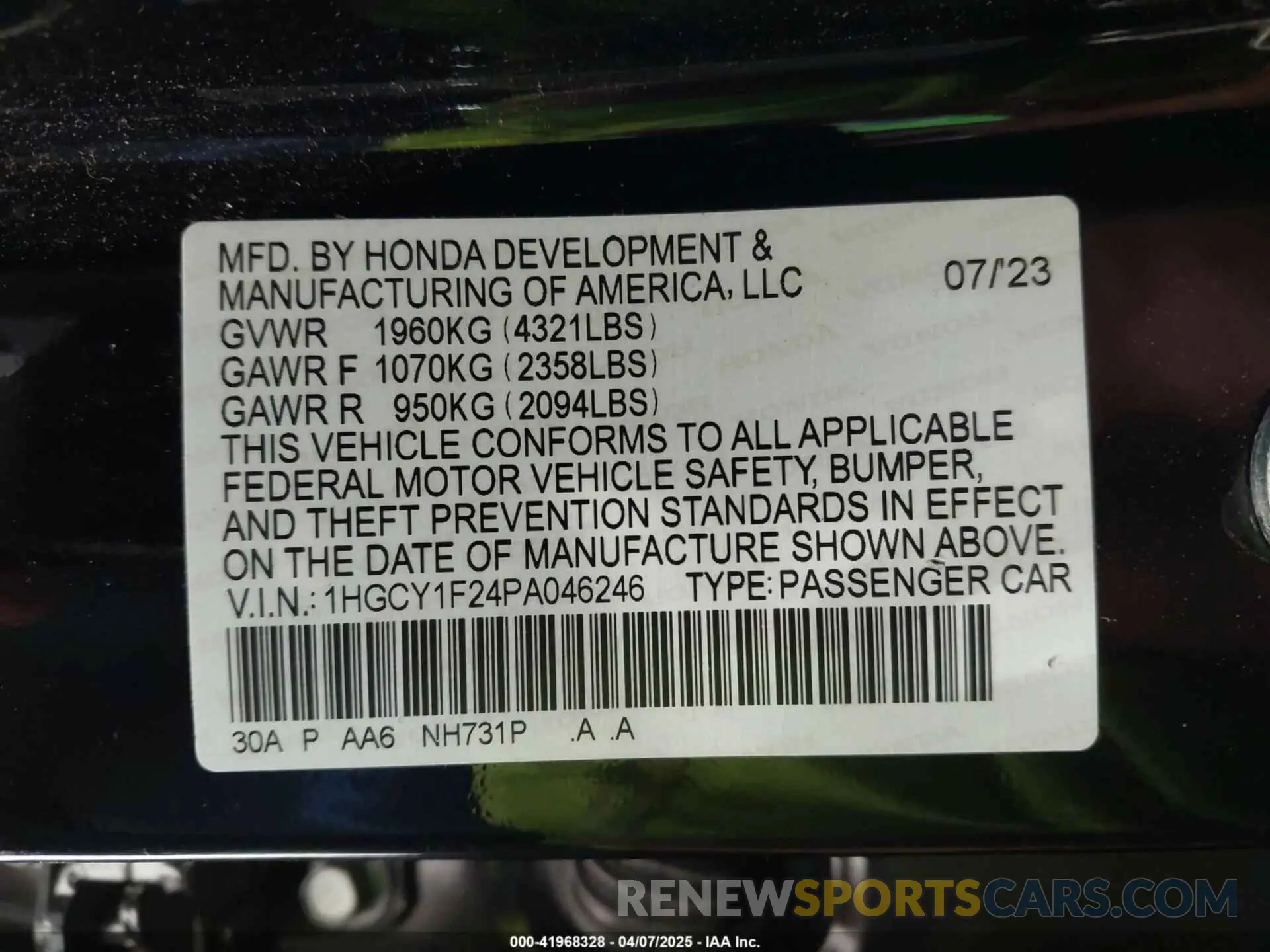 9 fotografías del automóvil dañado 1HGCY1F24PA046246 HONDA ACCORD 2023