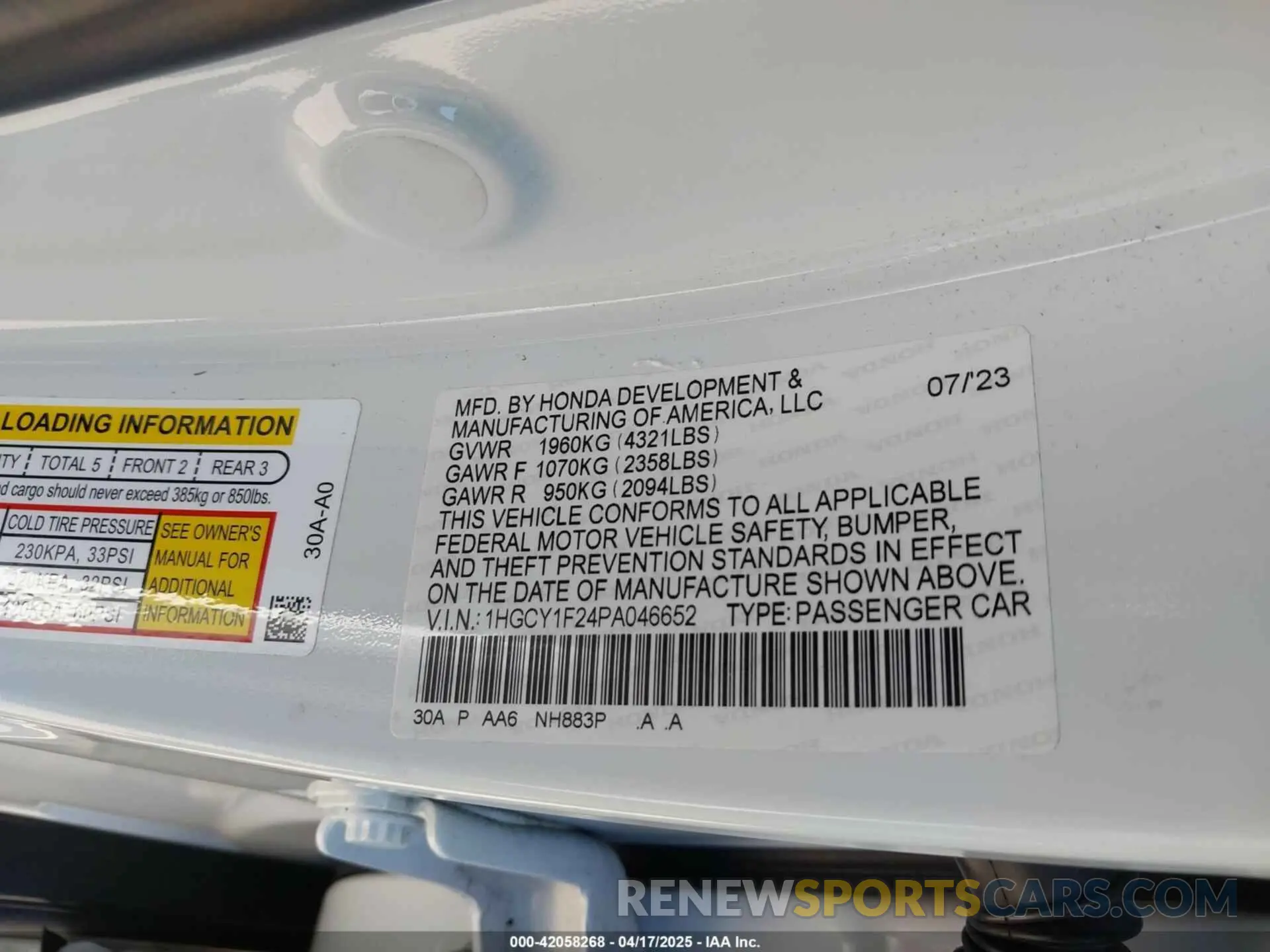9 fotografías del automóvil dañado 1HGCY1F24PA046652 HONDA ACCORD 2023